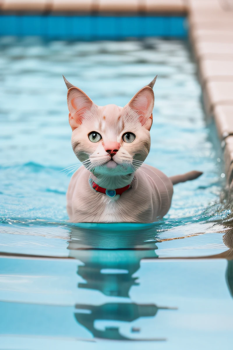 Cute Ameriican Shorthair cat kitten, swimming in the pool,eos r3,24mm,body is wet