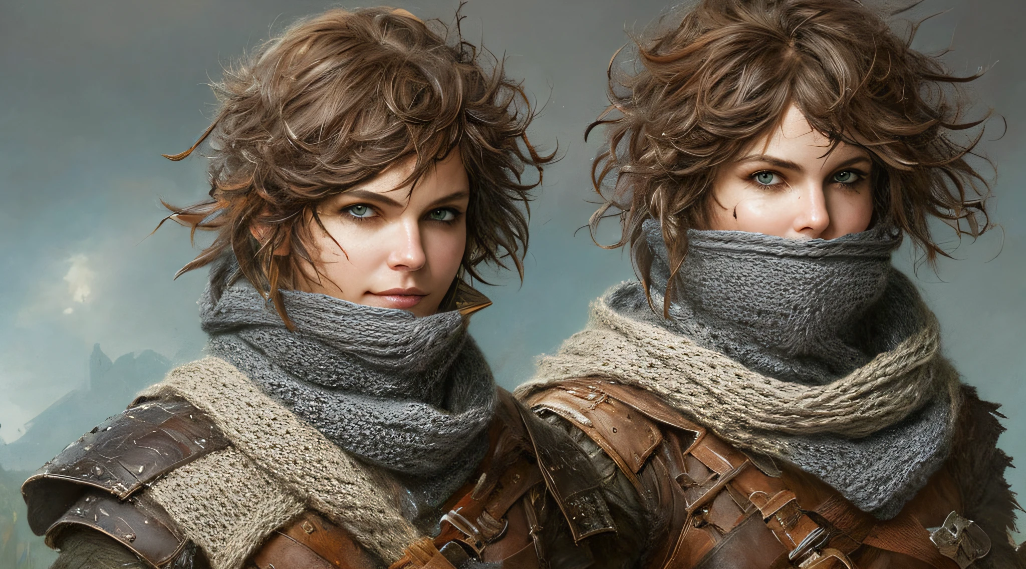 rogue thief girl, worn damaged leather armor, (knitted rogue Neck Gaiter), (smirk), (nose blush), beautiful detailed eyes, (messy hair), drawn by Greg Rutkowski, (Yoji Shinkawa:0.3)