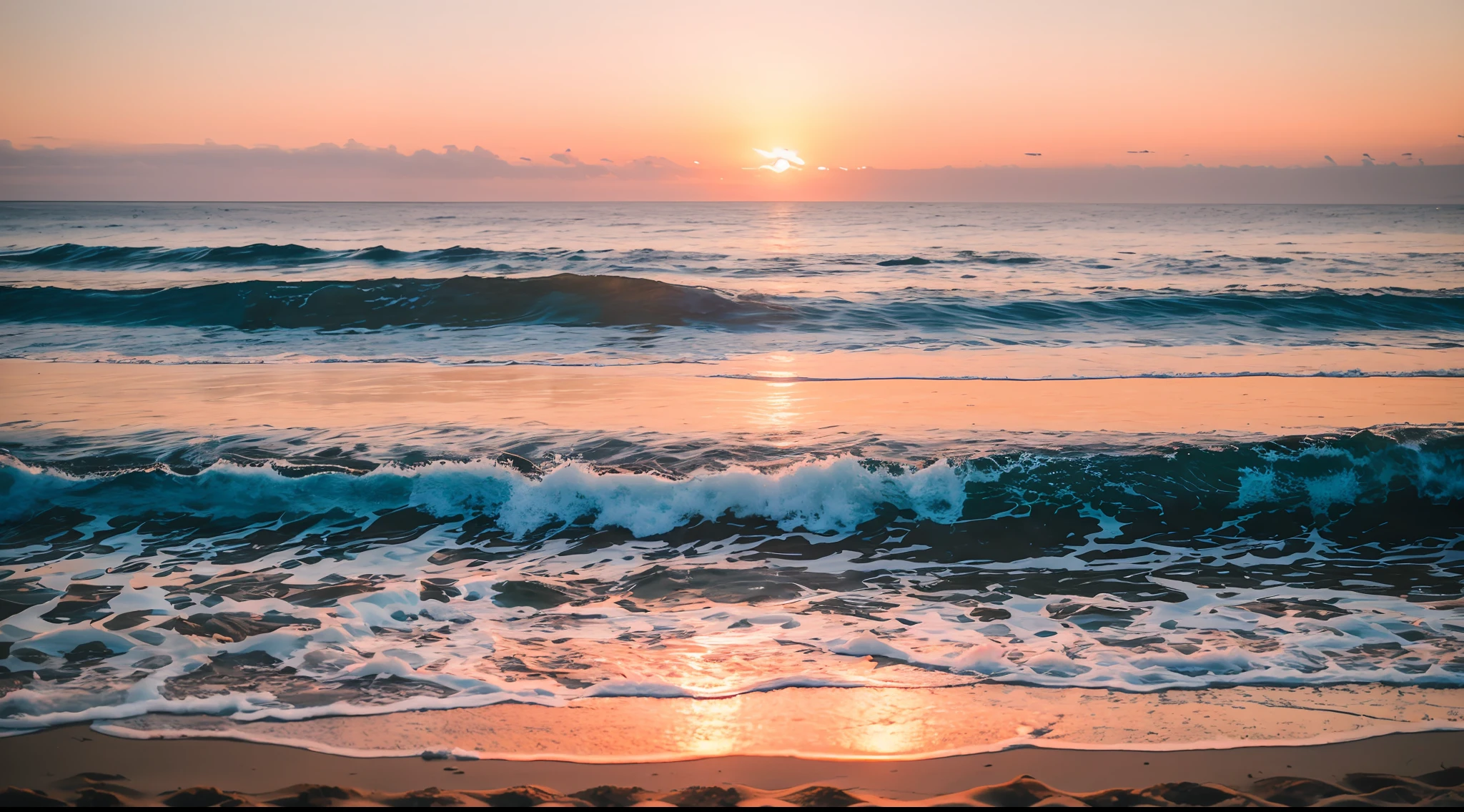 RAW photo of a beach at sunset, small details, photorealistic, ultra-realistic photo, 8k uhd, dslr, soft lighting, high quality, grain film, Fujifilm XT3, (masterpiece)