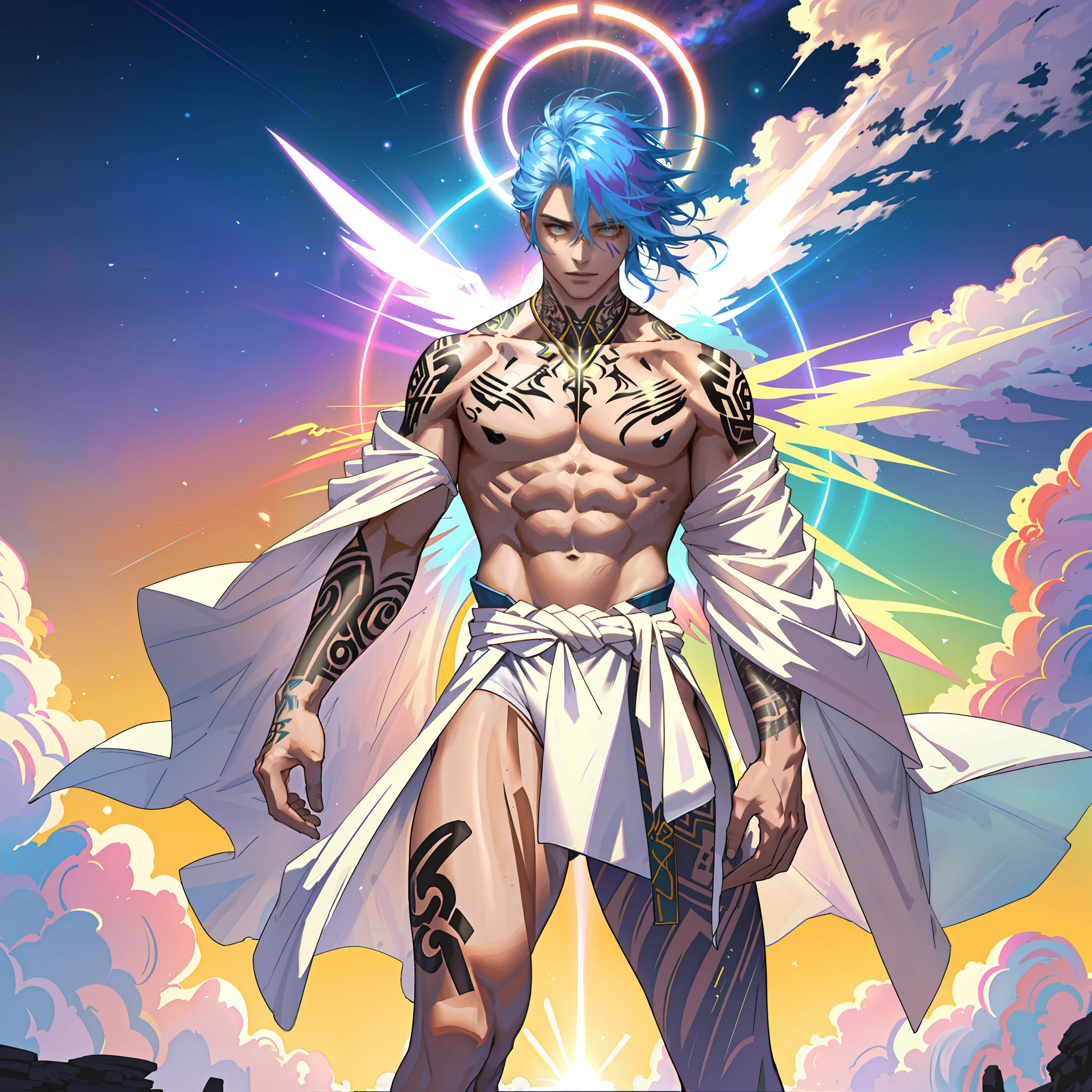 (Dreamlike style:1.0), 8k, high definition, bright colors, huge resolution, feminine male, crossdressing male, (multicolor hair:1.0), solar background, white loincloth, (wide hips:1.2), narrow waist, (flat chest:1.0), (halo of light:1.0), (big ass:1.2), (huge hips:1.0), exposed legs, (glowing tattoos:1.2), (bright colors:1.0), thigh up perspective,