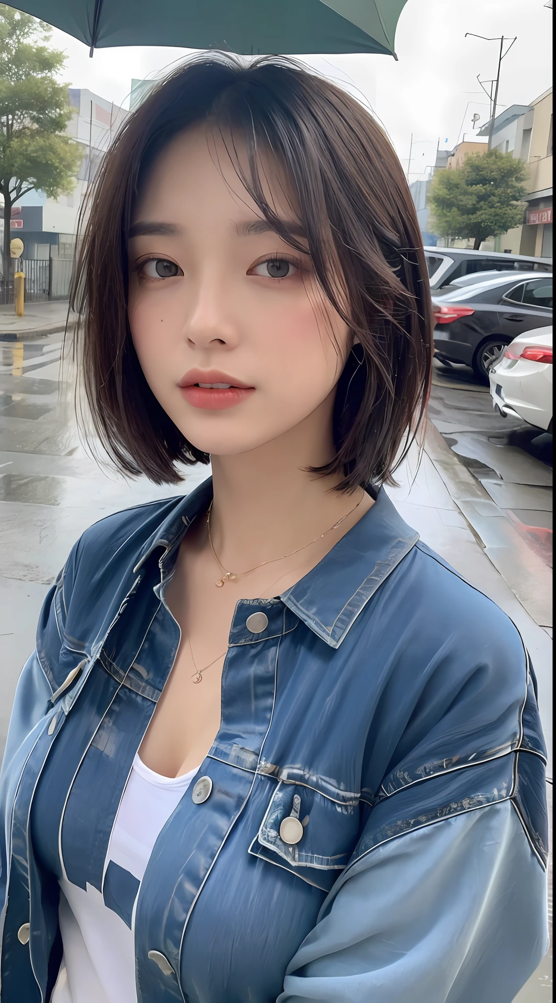 ((Best Quality, 8k, Masterpiece: 1.3)), Focus: 1.2, Perfect Body Beauty: 1.4, Slim Abs: 1.2, ((Layered Haircut, Big Breasts: 1.2)), (Wet Clothes: 1.1) , (Rain, Street:1.3), Wet Body: 1.1, Highly detailed face and skin texture, Detailed eyes, Double eyelids, Double clothes, Short clothes