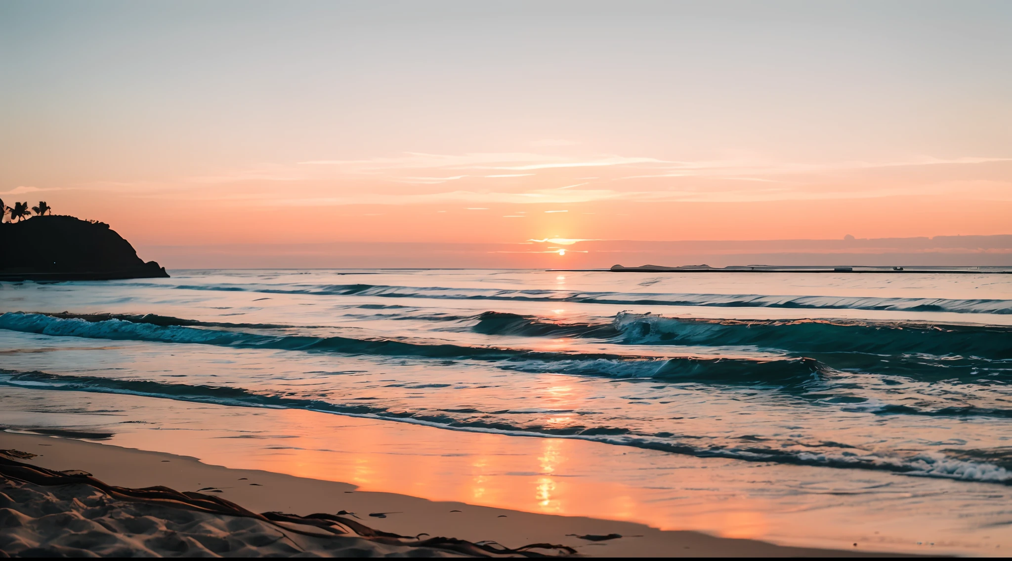 RAW photo of a beach at sunset, small details, photorealistic, ultra-realistic photo, 8k uhd, dslr, soft lighting, high quality, grain film, Fujifilm XT3, (masterpiece)