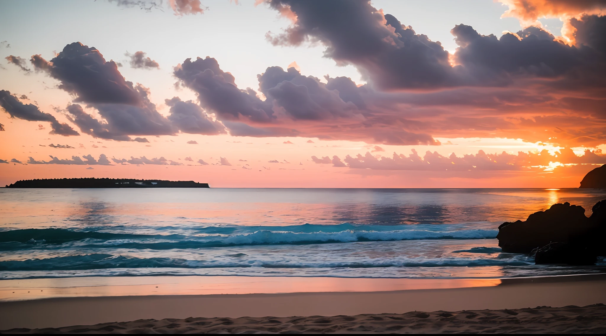 RAW photo of a beach at sunset, small details, photorealistic, ultra-realistic photo, 8k uhd, dslr, soft lighting, high quality, grain film, Fujifilm XT3, (masterpiece)