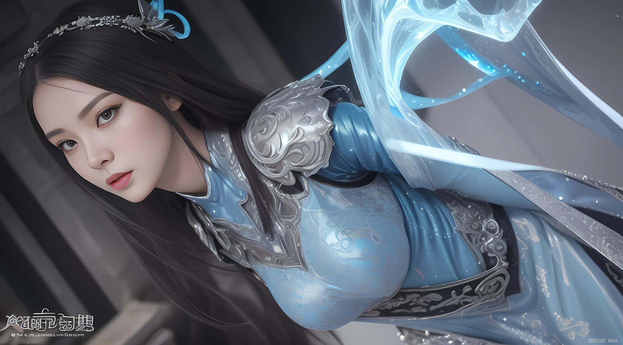 a close up of a woman in a silver and blue dress, chengwei pan on artstation, by Yang J, detailed fantasy art, stunning character art, fanart best artstation, epic exquisite character art, beautiful armor, extremely detailed artgerm, detailed digital anime art, artgerm on artstation pixiv, armor girl