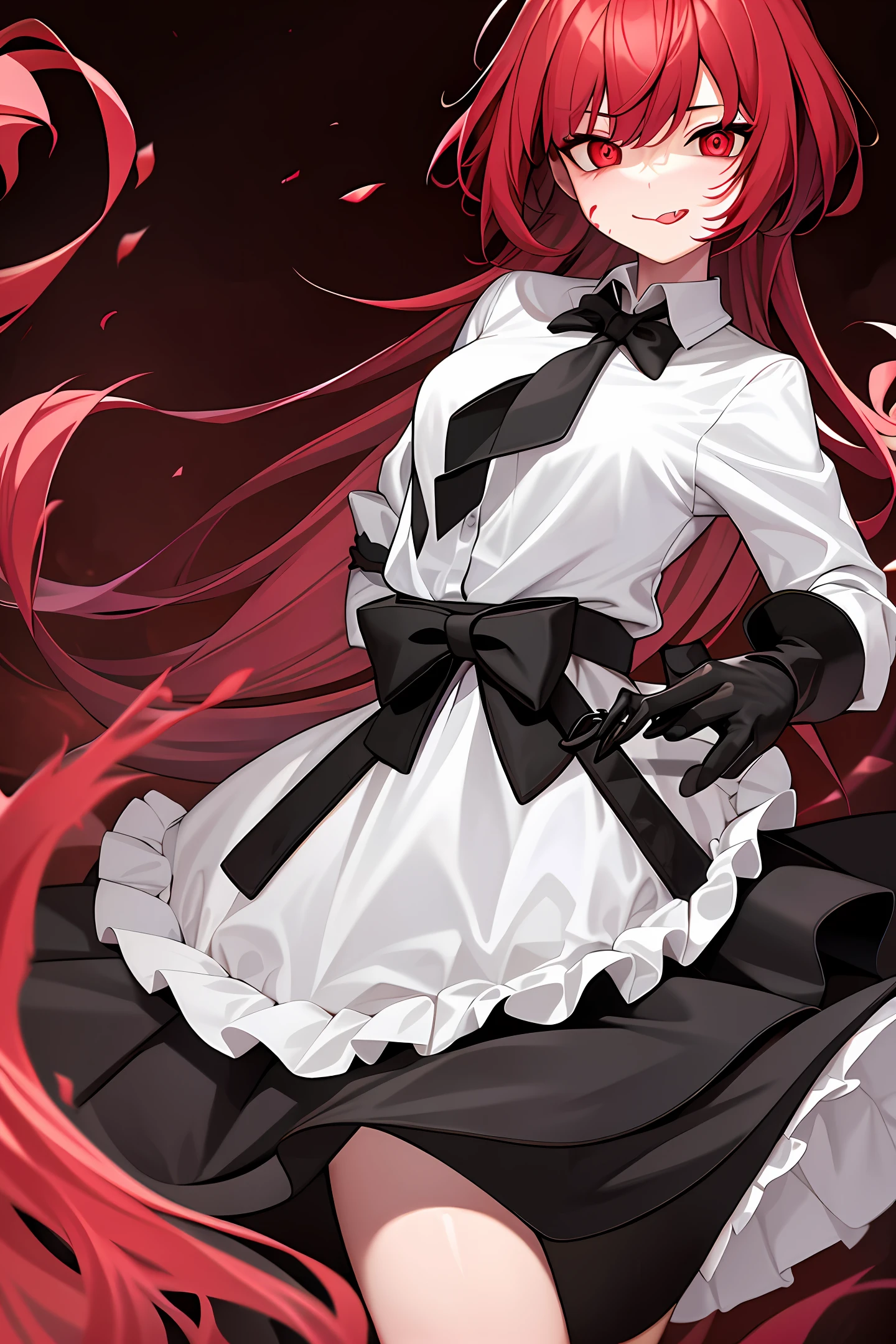 White shirt with black bow tie, the first opening is unbuttoned, there are bangs are air bangs, hair is dark red, hair is about to the waist
Female, arrogant, confident
20 years old, a bit of a pervert, murderer, successful woman at work, vampire likes to kill people in perverted ways, such as gouging out eyeballs and hearts
The left hand pulls the clothes on the chest down, the right hand holds the blood-stained knife (dagger), and the backhand holds the knife. Behind the hands were eyes and hearts and weapons (guns, knives, swords) in the dilapidated blood-stained operating room, dimly lit
Wide eyes, small pupils, double eyelids, large eye notes, tall nose, melon seed face, a little blood splashed on the face, sinister smile, mouth crescent-shaped, revealing the two tiger teeth of a vampire, slightly sticking out the tongue, mature, pupil color: dark red, background dark red plus black
Avatar anime characters