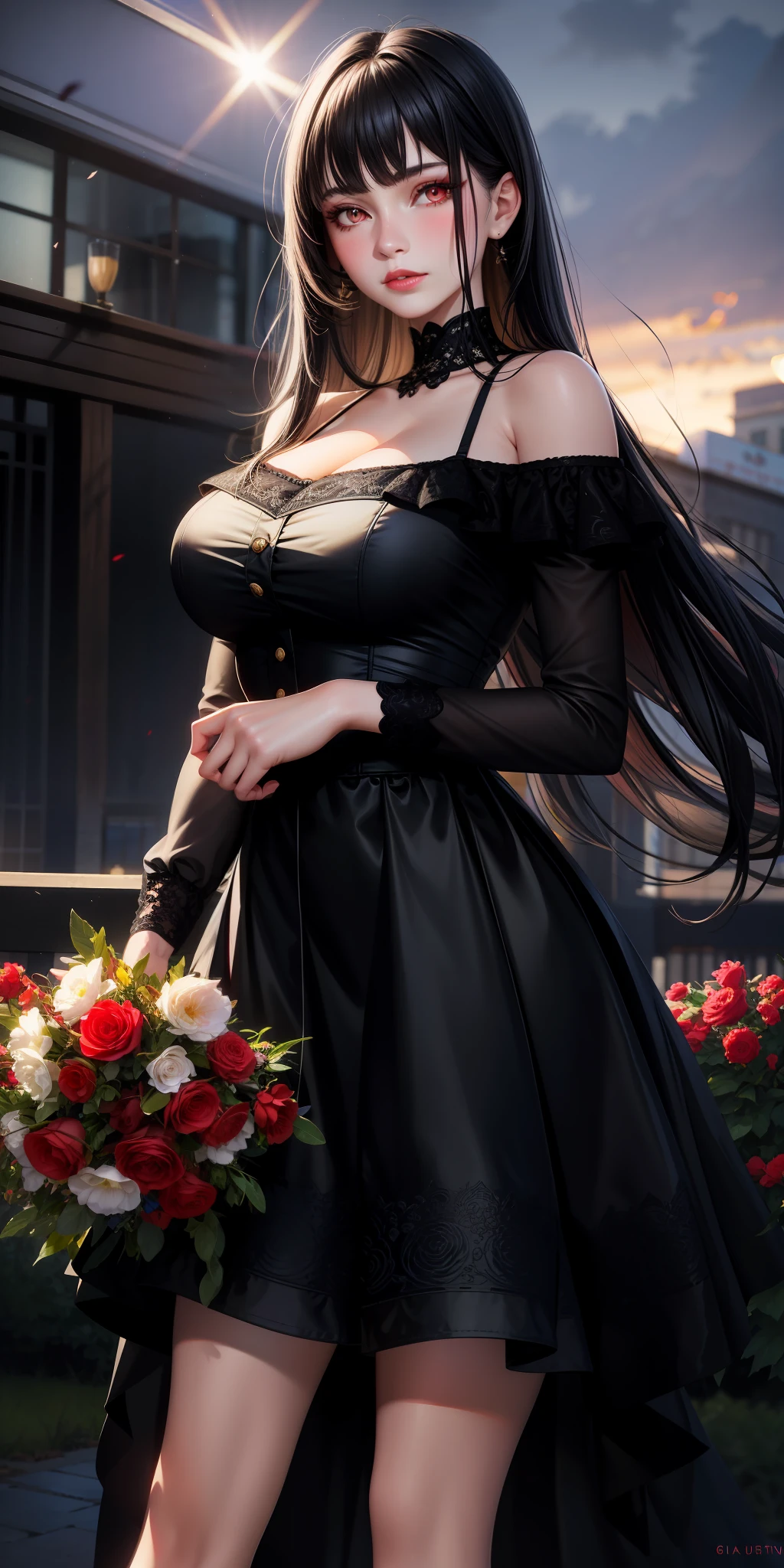realistic, 1girl, black hair, red eyes, bright eyes, dress, skirt, lips parted, blush, night, flowers, sun, sunlight, large breasts,