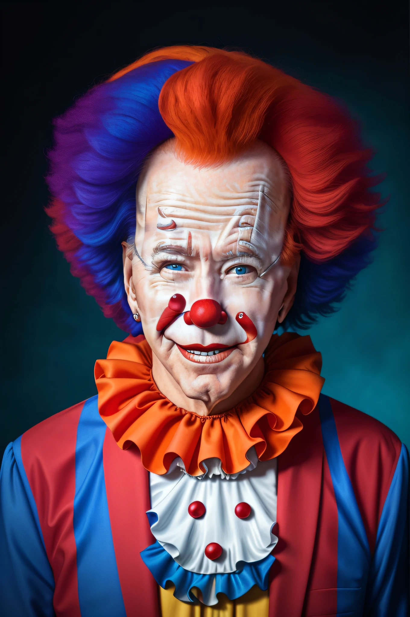 (((clown white makeup)))(((Joe Biden)))1man, clown with red hair and blue eyes wearing a clown mask, scary clown, wearing accurate clown makeup, clown, the clown is far from the camera, wearing clown makeup, realistic clown makeup, real clown makeup, wearing bizarre clown makeup, clown makeup, scary smile, clown face, dead clown, cutecore clowncore, pauline hanson as a clown, pennywise