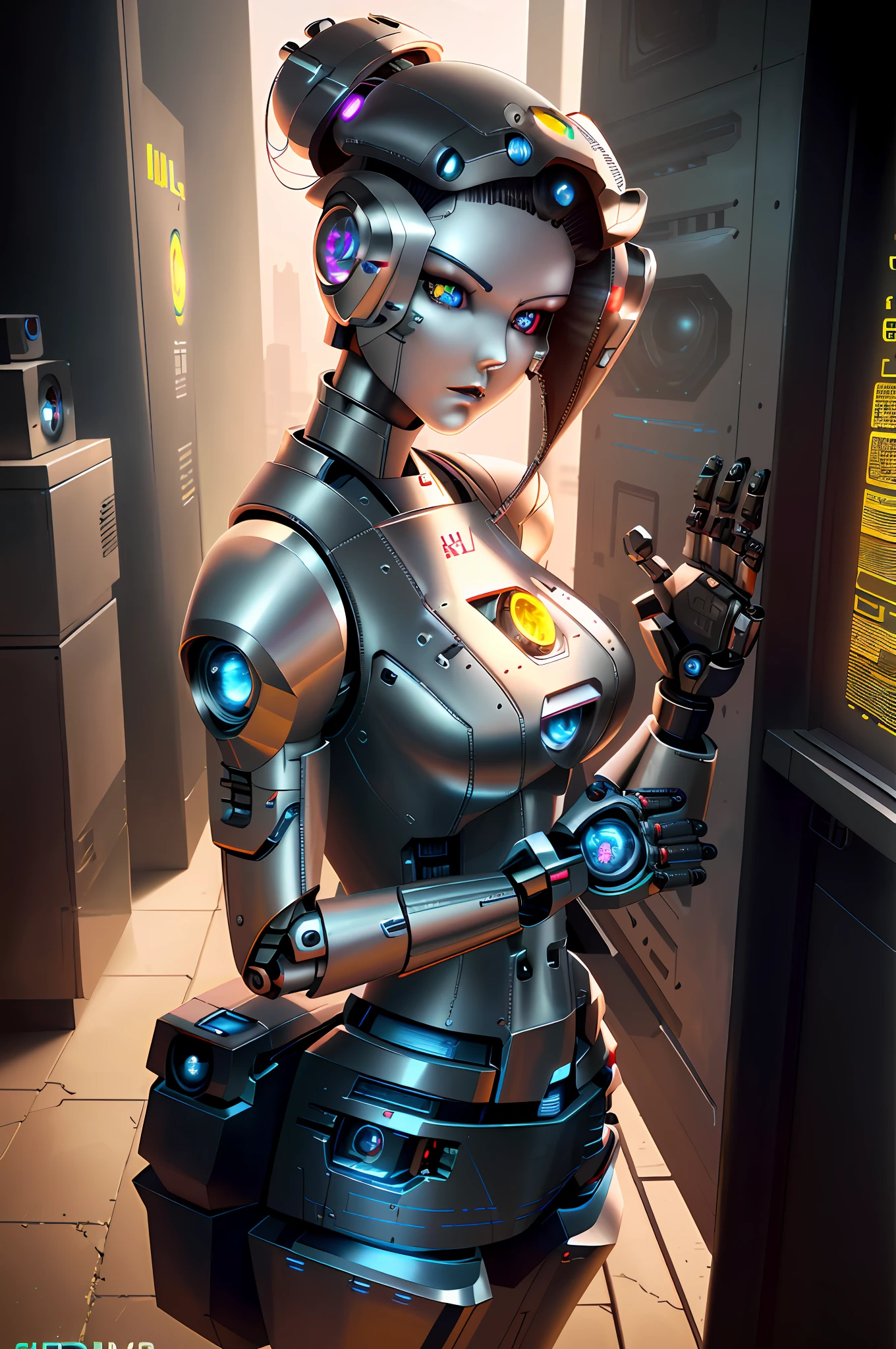 Best Quality, High Detail, 4K, Human, Robot Girl, Android Face(Metal), Steel & Titanium Leather, Robotic Face(With Human Features), Cybernetic Eyes(Hard Eye Circle, Clear Eye Pupil), 1girl, Formal, Perfect Hands(5 Fingers), Wig(False Hair, Bob Haircut), Big Breasts, Bionic Armor, Full-Length, Full Body, Masterpiece Body, Lipstick