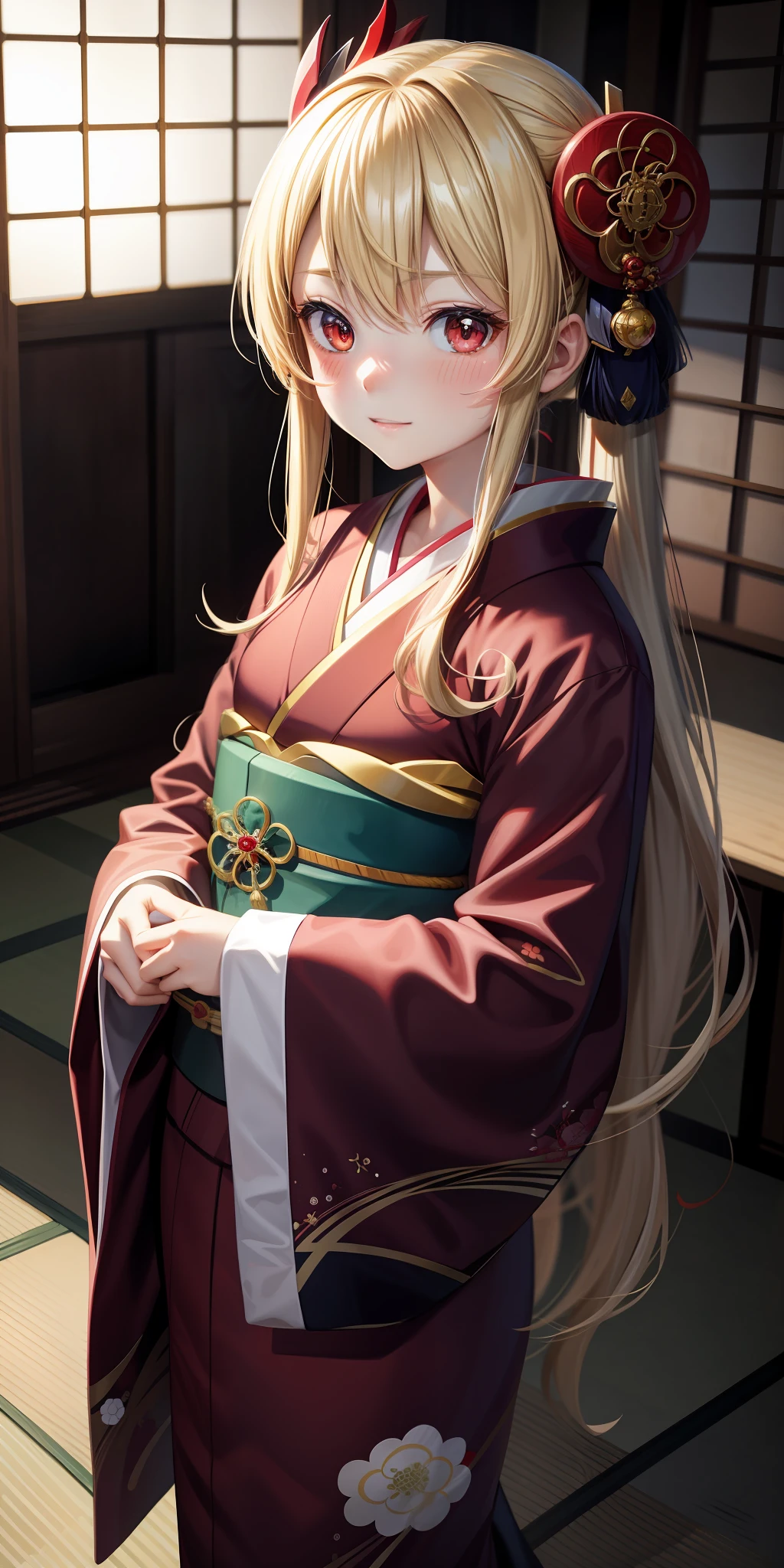 anime, girl 1, blonde, red eyes, kimono, kamimeki, blush, japanese room,