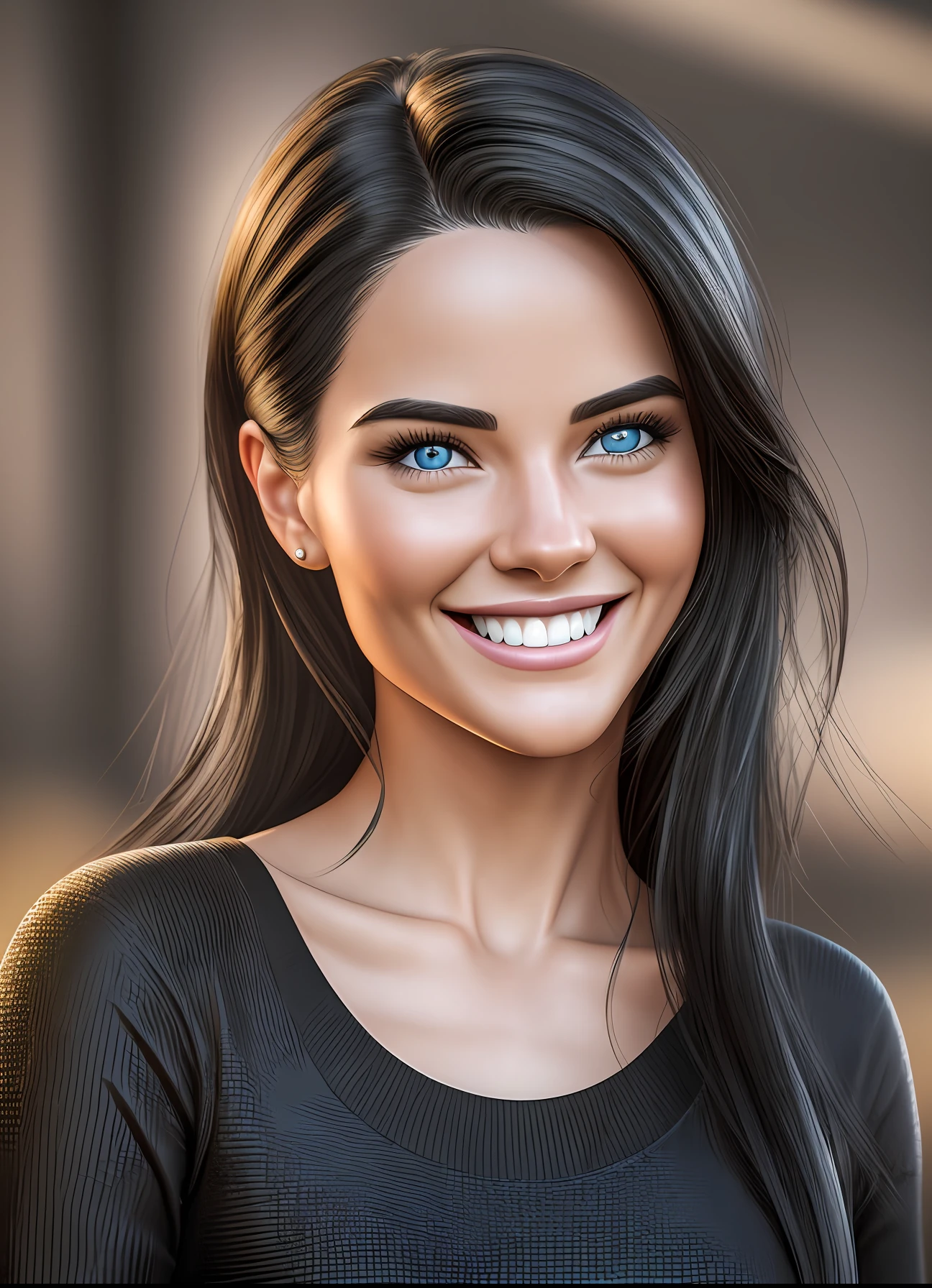 photorealistic, beautiful woman, with a big smile showing her super white teeth, sky blue eyes, very bright black hair, photography, masterpiece, realistic, realism, photorealism, high contrast, photorealistic Artstation 8k HD digital art trend high definition and realistic skin texture detailed, ultra detail, realistic skin texture, , best quality, ultra high definition, (photorealistic: 1.4),, high resolution, Detail, Raw Photo, Perfect Face Framing Centered Professional Photo Style, Re sharp, by Lee Jefferies Nikon D850 Film Stock Photo 4 Kodak Portra 400 Camera F1.6 Lens Rich Color Ultra Real Realistic Realistic Textures Dramatic Lighting Unreal Engine Trending at Art Station Cinestill 800, --auto --s2