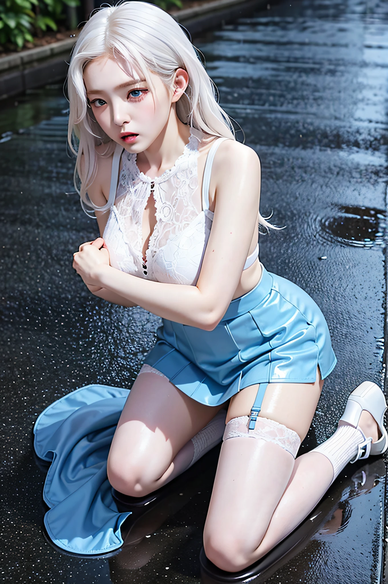 1 girl, anime style, kneeling, hivering, feeling cold, shivering, transparent suspender stockings, leg straps, short skirt, (long white hair), blue eyes, rain-soaked top, rainy day, heartache expression