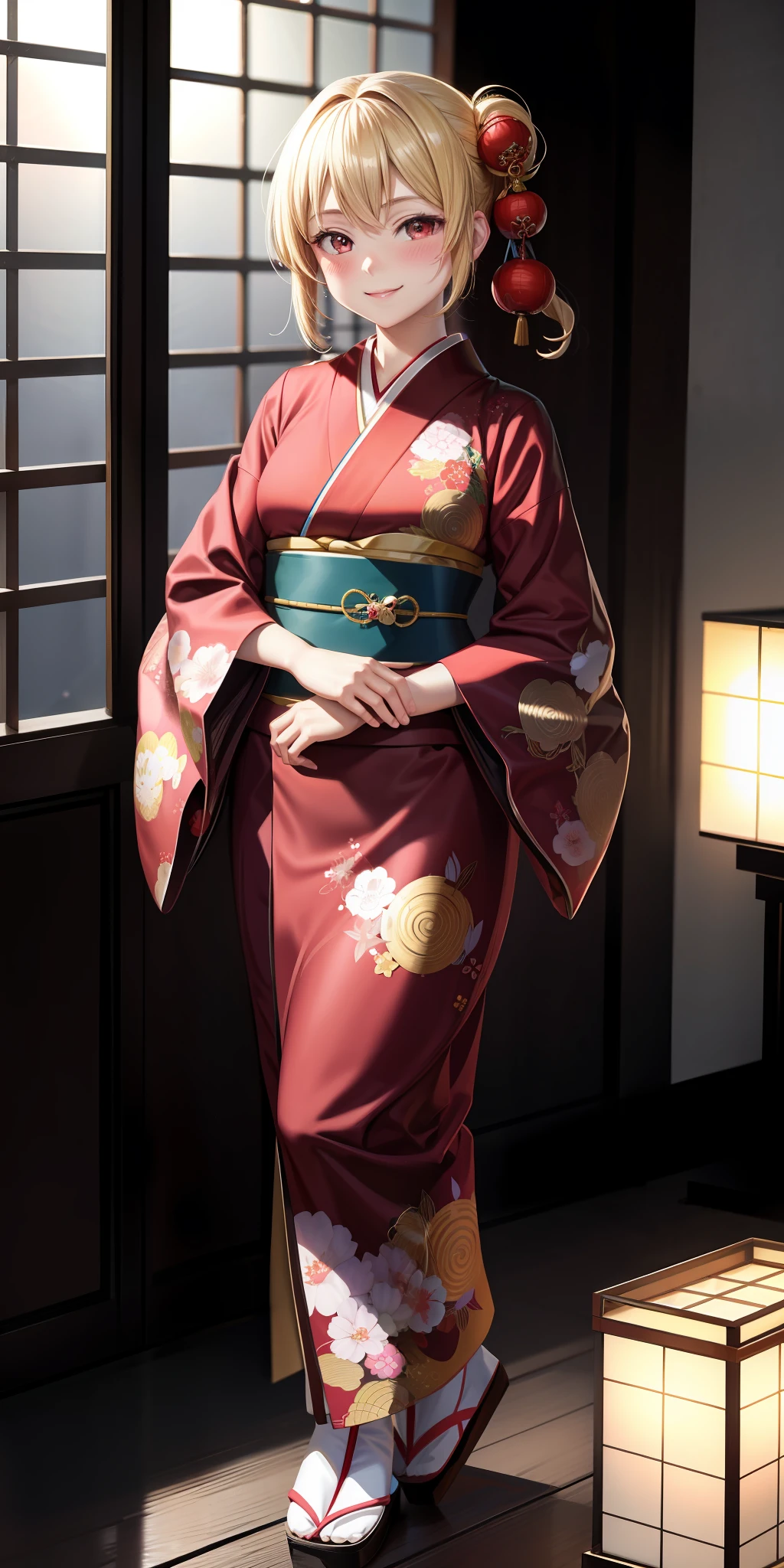 anime, girl 1 person, blonde, red eyes, kimono, kamimeki, blush, japanese room, smiling