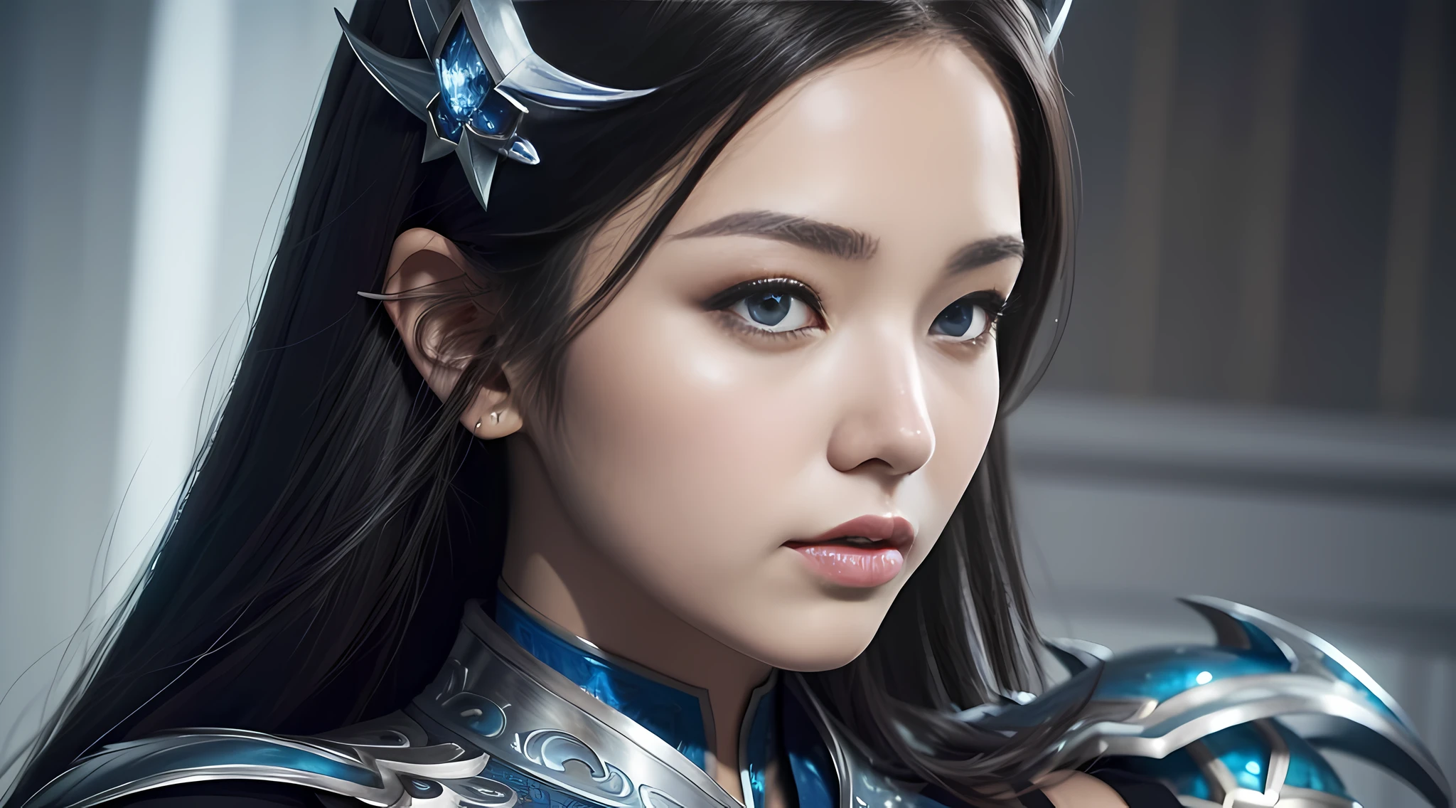 a close up of a woman in a silver and blue dress, chengwei pan on artstation, by Yang J, detailed fantasy art, stunning character art, fanart best artstation, epic exquisite character art, beautiful armor, extremely detailed artgerm, detailed digital anime art, artgerm on artstation pixiv, armor girl