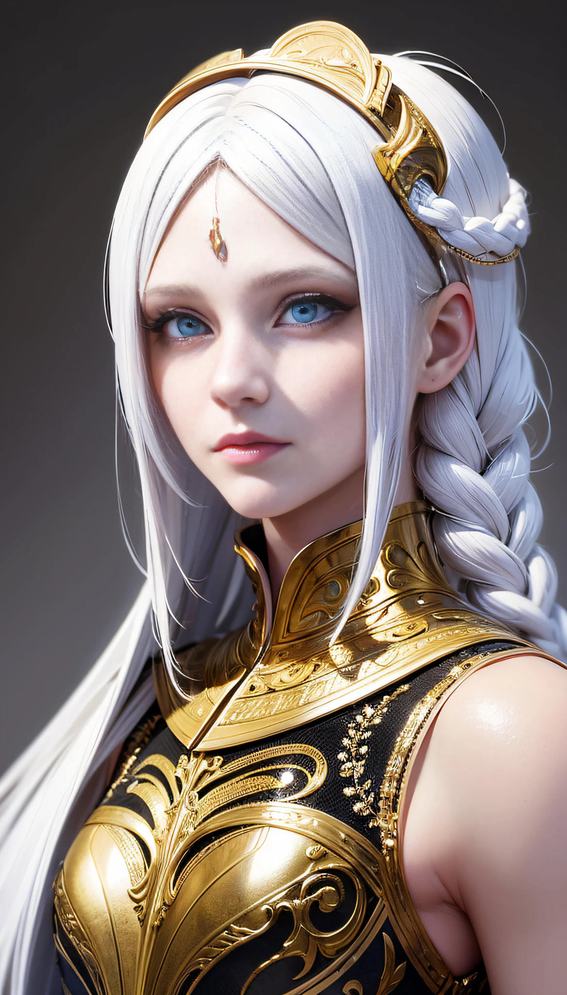 Excellent, masterpiece, white hair, golden eyes, white clothes, looking up, upper body, hair, fair skin, side braids, ultra-detailed facial details, ultra-clear eye details, 8K