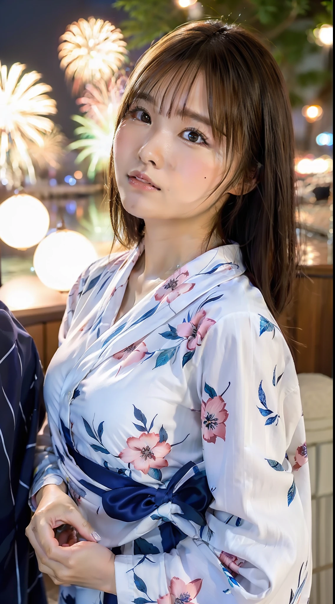 Top quality, fine details, ((beautiful one girl))), very detailed eyes and face, fireworks, yukata, looking up at fireworks, bunched hair, fan