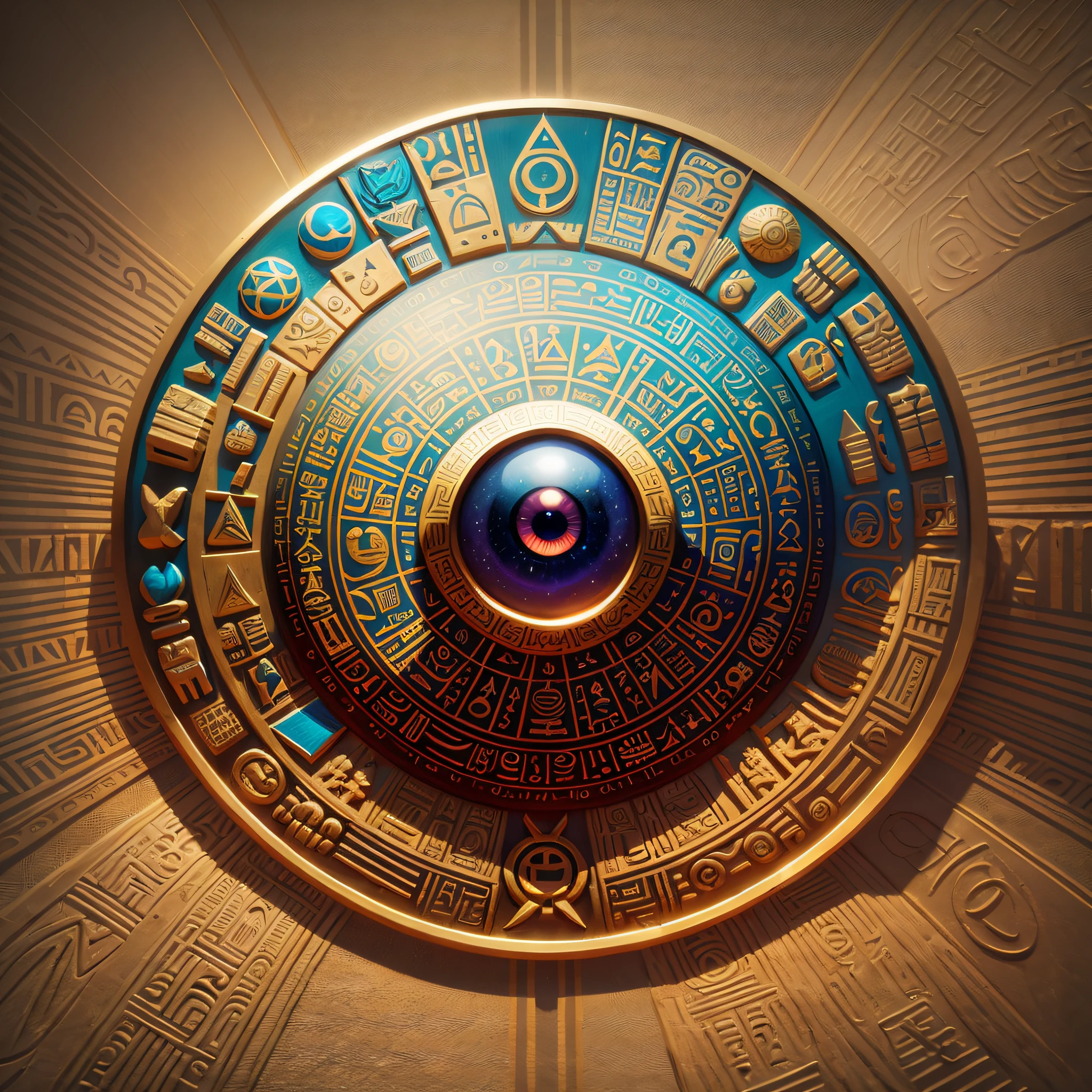 Colorful logo based on the eye of Orus and Egyptian culture, using hieroglyphics, using many colors and abstract vectors, in 3D, rich in detail and in very high definition
