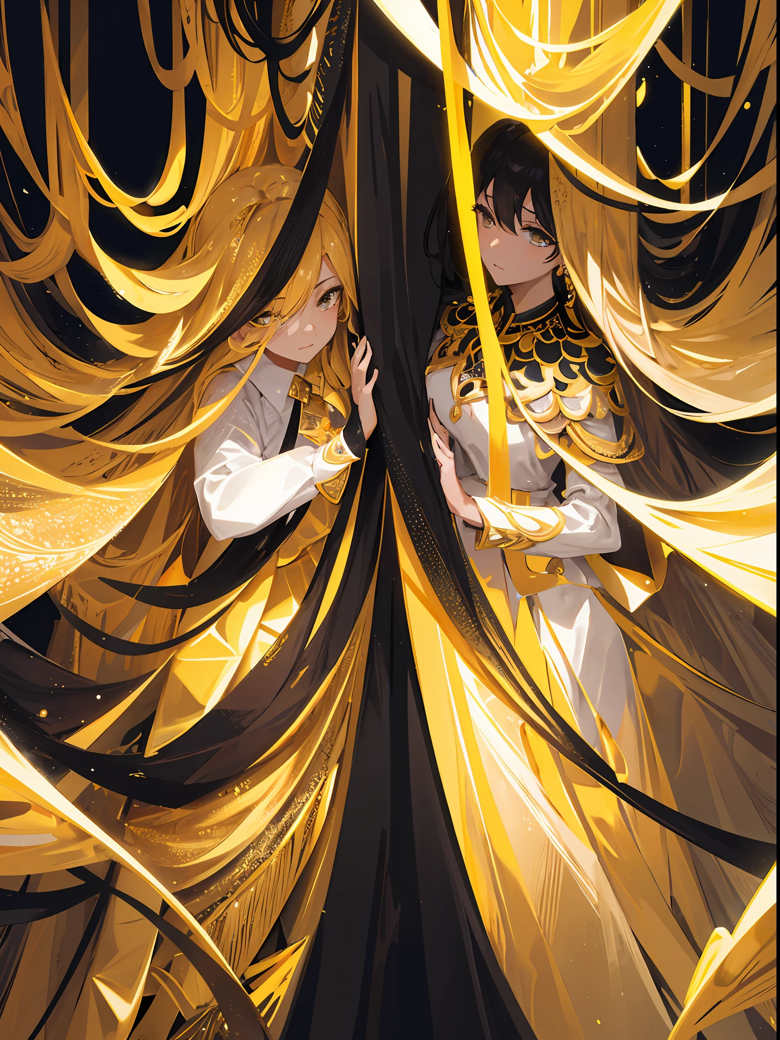 Generate high-quality images of women with prominent golden and black colors. She is dressed in a sophisticated fashion style and is dressed in elegant outfits of gold and black. The background is a landscape with abstract and fantastic elements, shimmering golden rays and geometric patterns. Her poses are graceful and give a feeling of confident movement. The effects of light and shadow are masterfully presented, and the faces and expressions are charmingly depicted in the finest detail of the golden and black costumes and accessories. The overall atmosphere is modern, yet has its own artistic touch, and the contrast between gold and black adds depth and brilliance. The combination of gold and black is beautiful in this image, which is visually stimulating and aesthetically pleasing, and will interest and surprise the viewer.