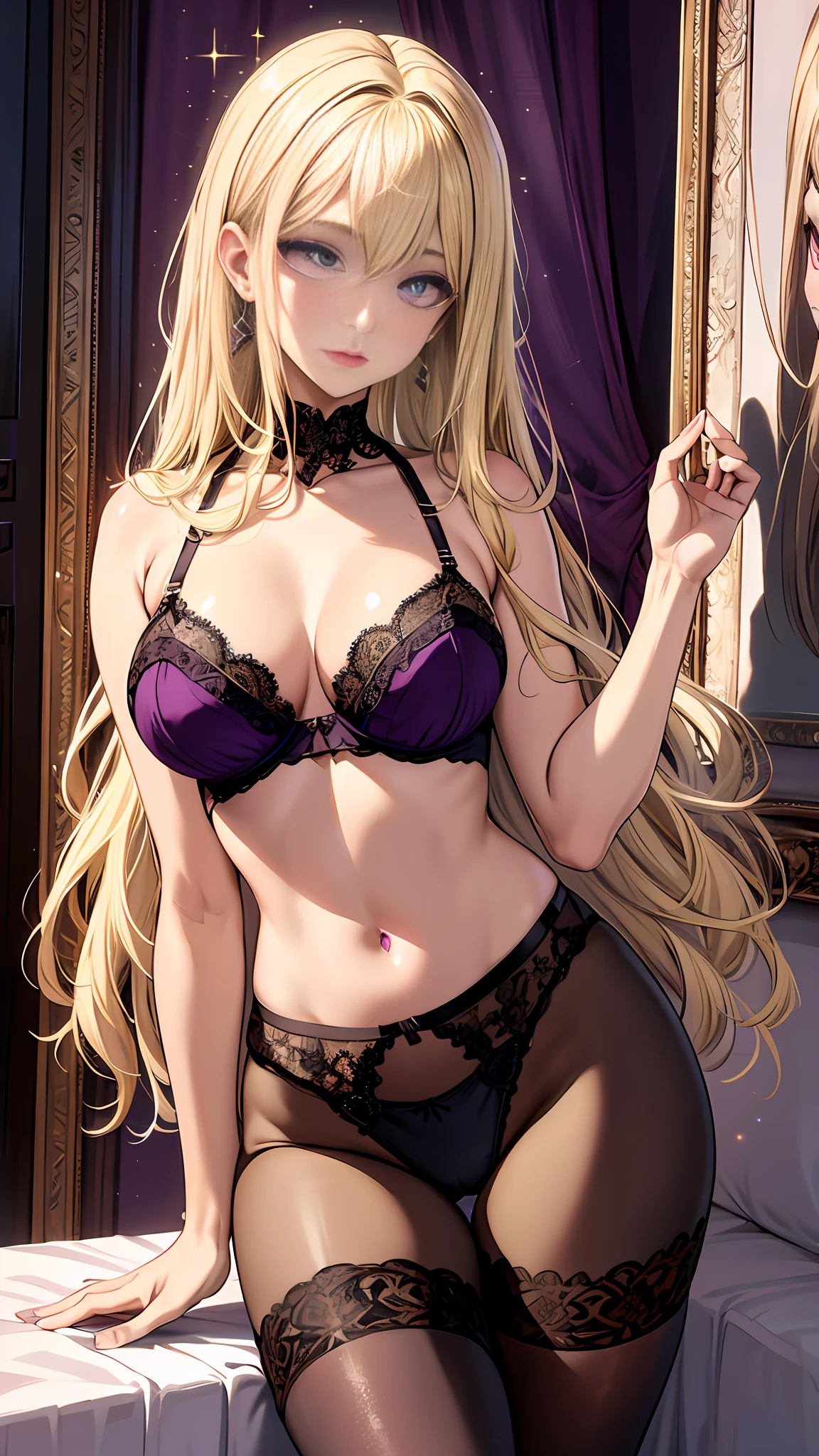 Realistic, Hyper Detail, Girls Only, Dynamic Lighting, (Glossy skin: 1.5), Masterpiece, Top Quality, Absurdity, ((limited palette)), one side layered bob,((Blonde:1.5) and (light pink inner color:1.2) Hair), ((deep purple Eyes:1.3)),((Beautiful eyes, detailed eyes, sparkling eyes:1.5)) , a woman in a lingerie standing on a beach, seductive girl, beautiful alluring woman, beautiful alluring , attractive girl, beautiful girl, beautiful sexy woman, sexy girl, see-through lingerie, beautiful artwork, fine detail, best girl, detailed digital art,earrings, jewelry, lace-trimmed bra, lace trim panties, lingerie, lace-trimmed legwear, black lace, looking_at_viewer, navel, pantyhose