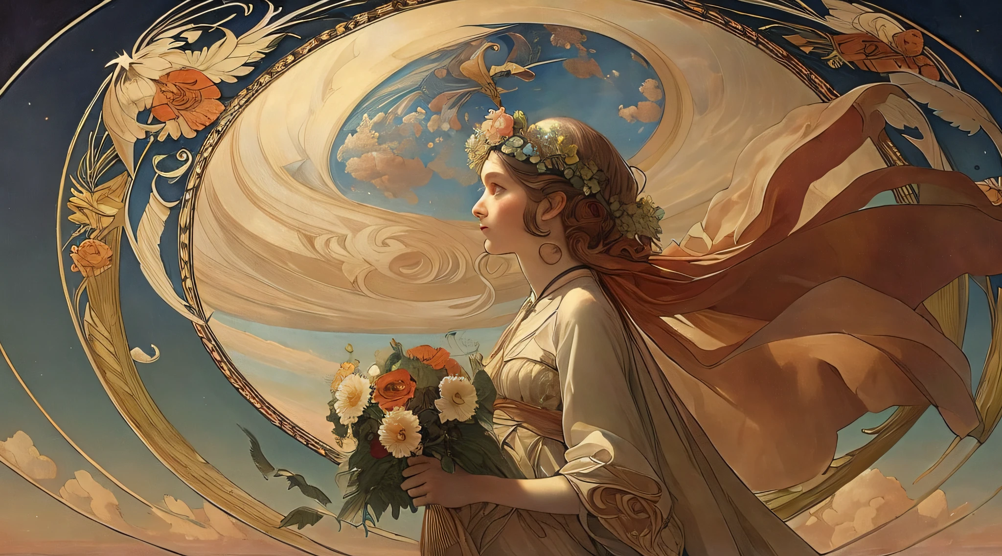 (Best quality),(masterpiece),(ultra detailed),(high detailed),(extremely detailed),The most perfect view of the sky as painted by Alphonse Mucha and peter mohrbacher, realistic photography, ultra detailed