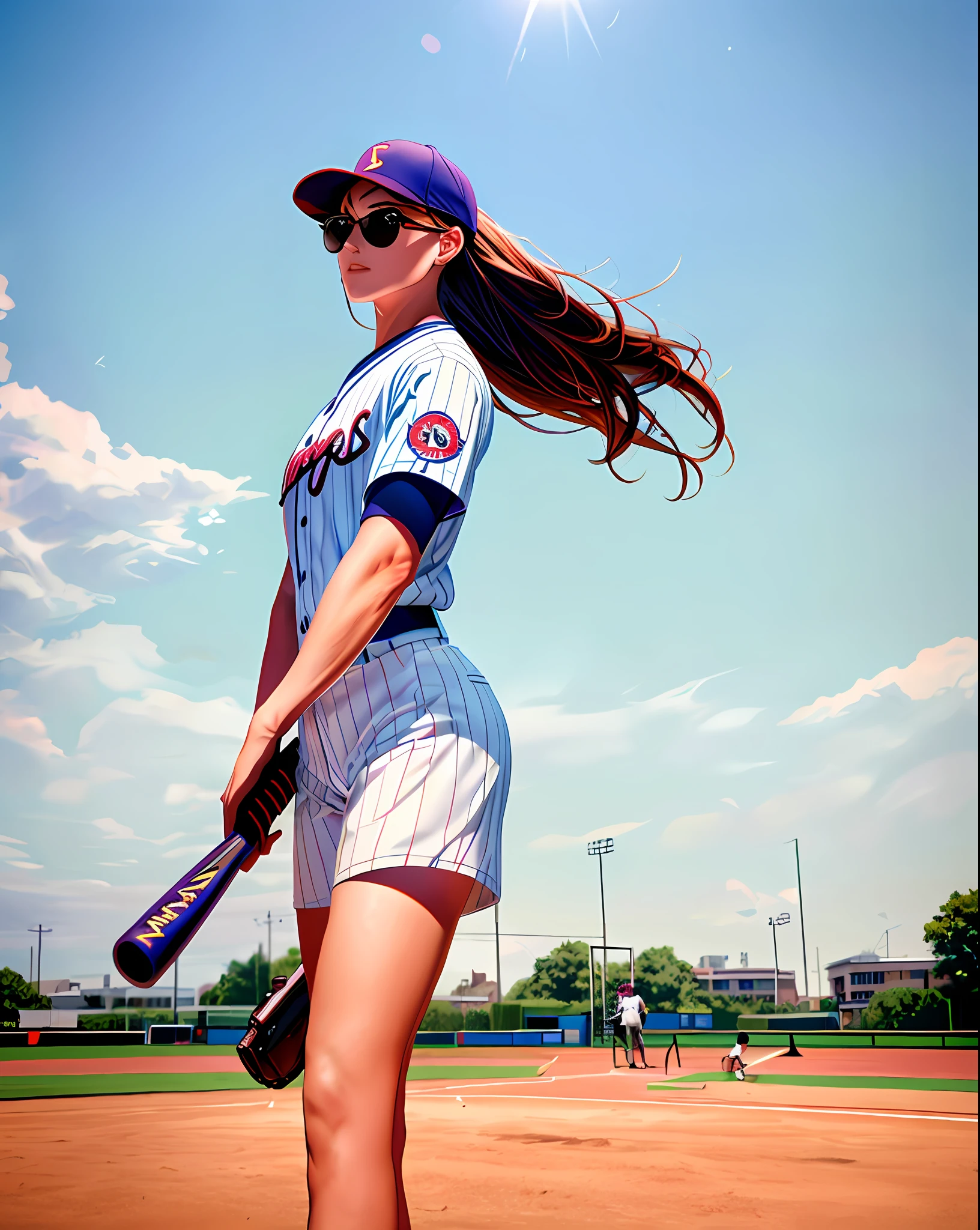 medium shot, a beautiful woman in baseball_uniform,(extremely long hair, strong windy:1.2), sunglasses, hold a weapon,bat, skinny body, delicate hands, in Playground,strong sun lighting, (sharp focus, eyes focus, best quality, realistic detail,clear image,high resolution)