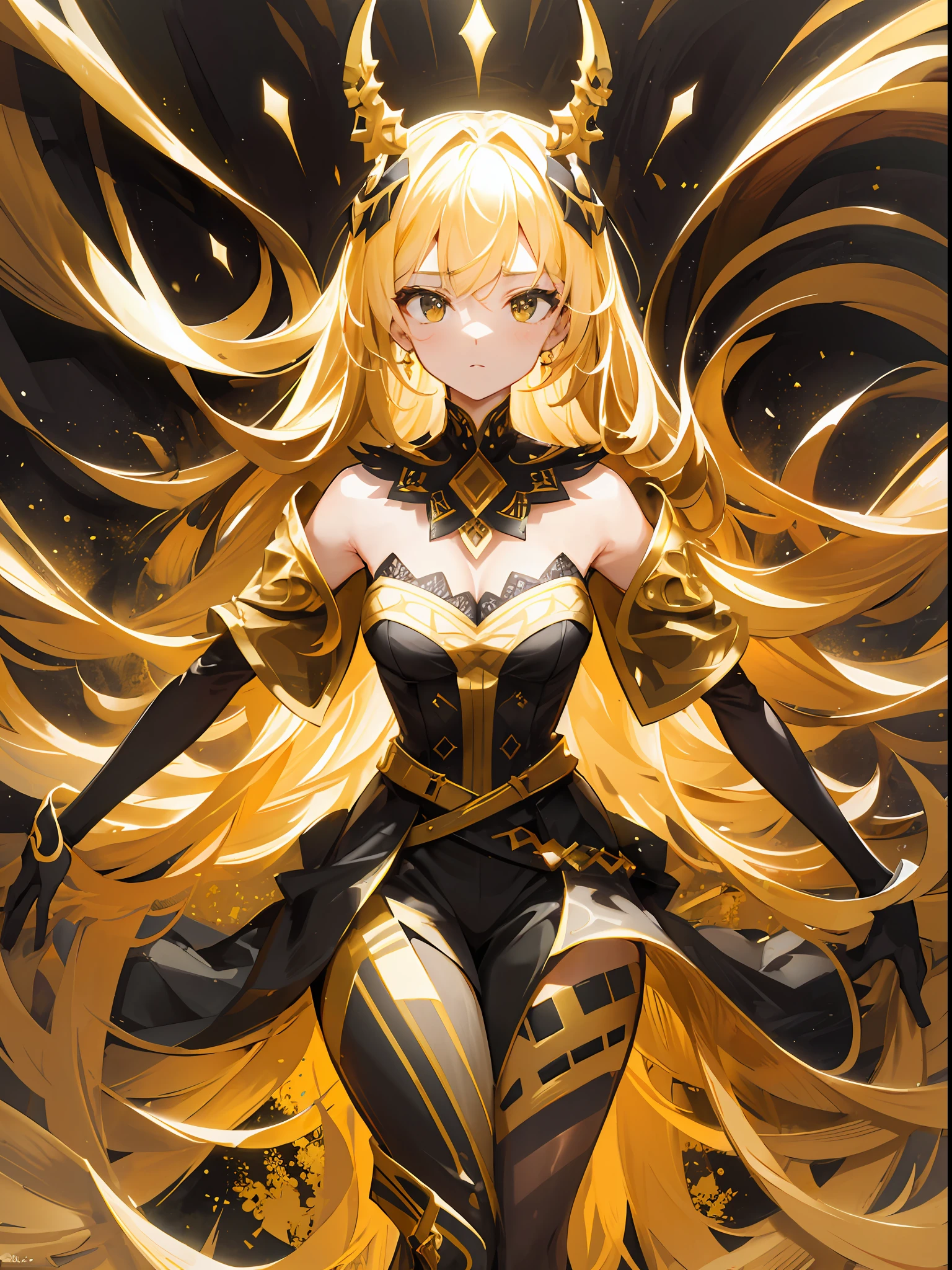 Generate high-quality images of women with prominent golden and black colors. She is dressed in a sophisticated fashion style and is dressed in elegant outfits of gold and black. The background is a landscape with abstract and fantastic elements, shimmering golden rays and geometric patterns. Her poses are graceful and give a feeling of confident movement. The effects of light and shadow are masterfully presented, and the faces and expressions are charmingly depicted in the finest detail of the golden and black costumes and accessories. The overall atmosphere is modern, yet has its own artistic touch, and the contrast between gold and black adds depth and brilliance. The combination of gold and black is beautiful in this image, which is visually stimulating and aesthetically pleasing, and will interest and surprise the viewer.