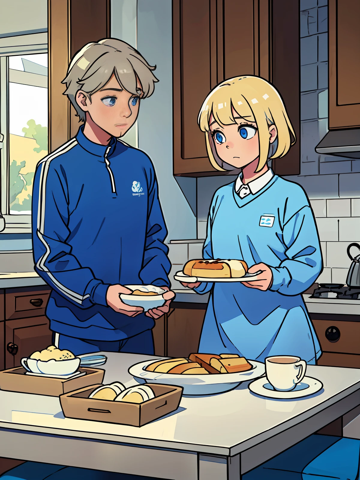 A 13-year-old blue-eyed blonde child, wearing a blue outfit with white accents, sitting at the table with her brown-haired father, and her blonde-haired, blue-eyed mother, talking and eating, in the kitchen at breakfast (masterpiece) (perfect anatomy) (perfect eyes) (award-winning work) (morning time)