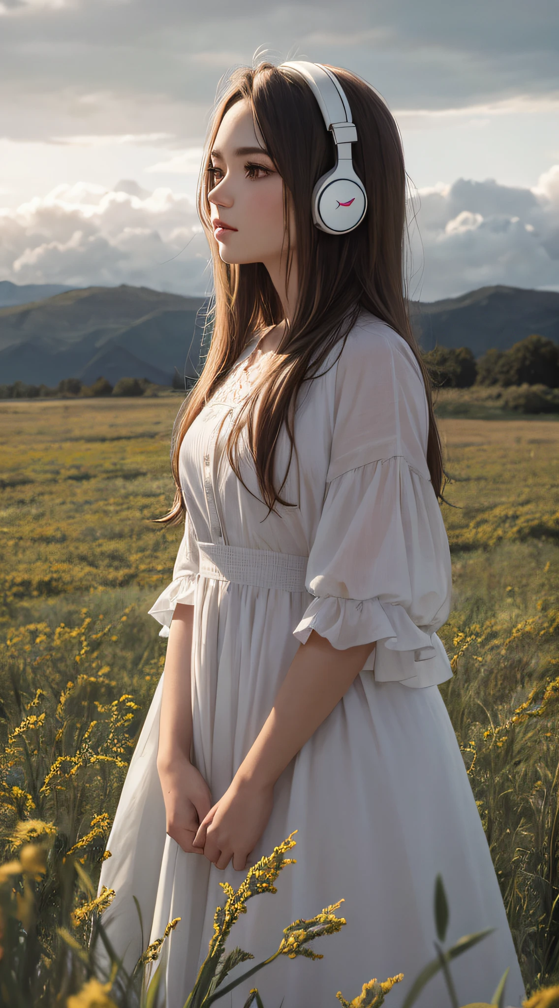 Girl standing in field wearing headphones, realistic ultra detailed portrait, cabin core, earth tone, ambitious, atmospheric clouds, bold and realistic character style, girl in white dress, semi long hair