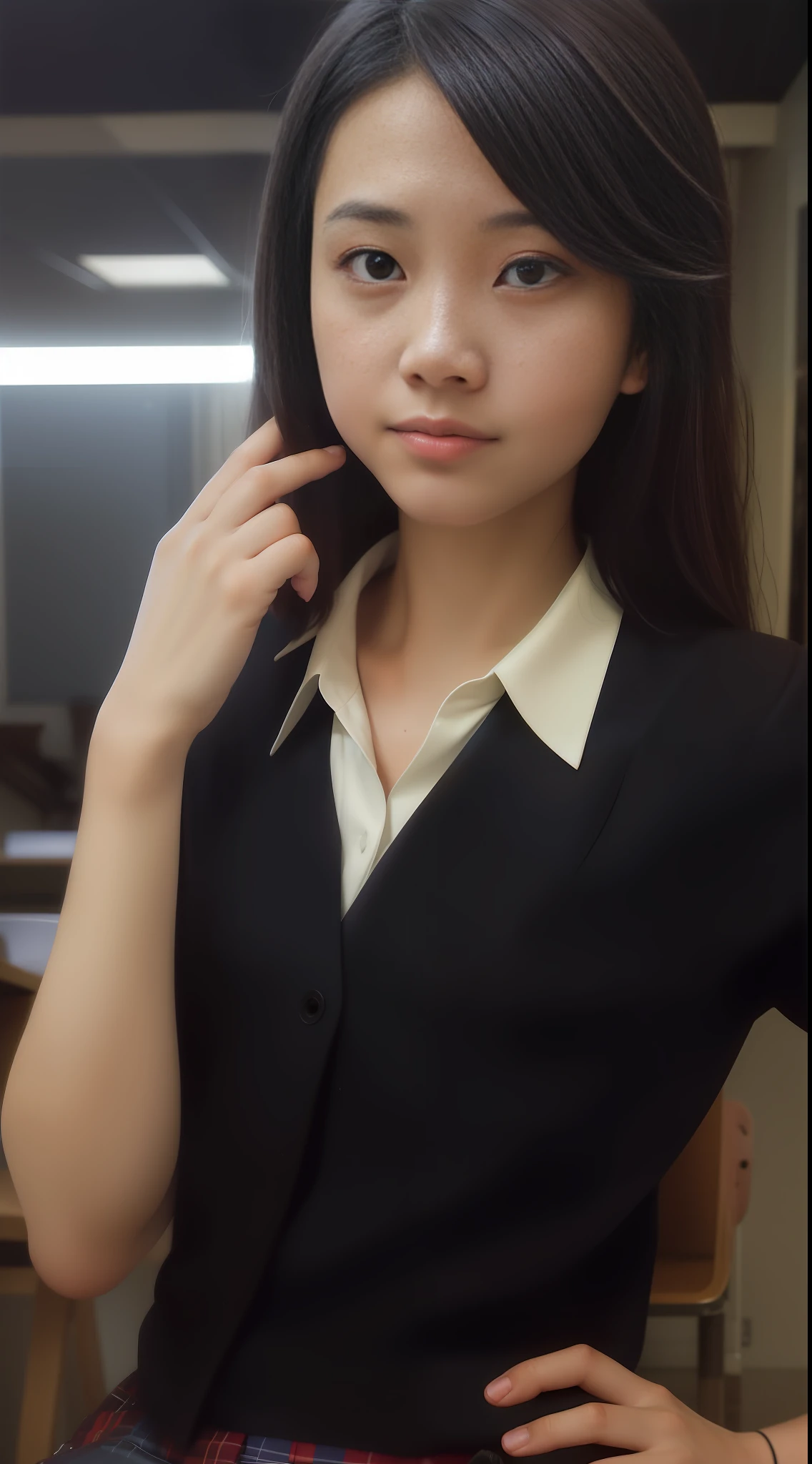 A ten years old japanese in elementary school classroom, black hair, wearing summer sailor's uniform, 32k, best quality, cinestill 50d, brooding mood, alla prima, super clear, super detailed, glamorous, knee shot --upbeta 50 --v 5.1 --q 2 --auto --s 2 --s2
