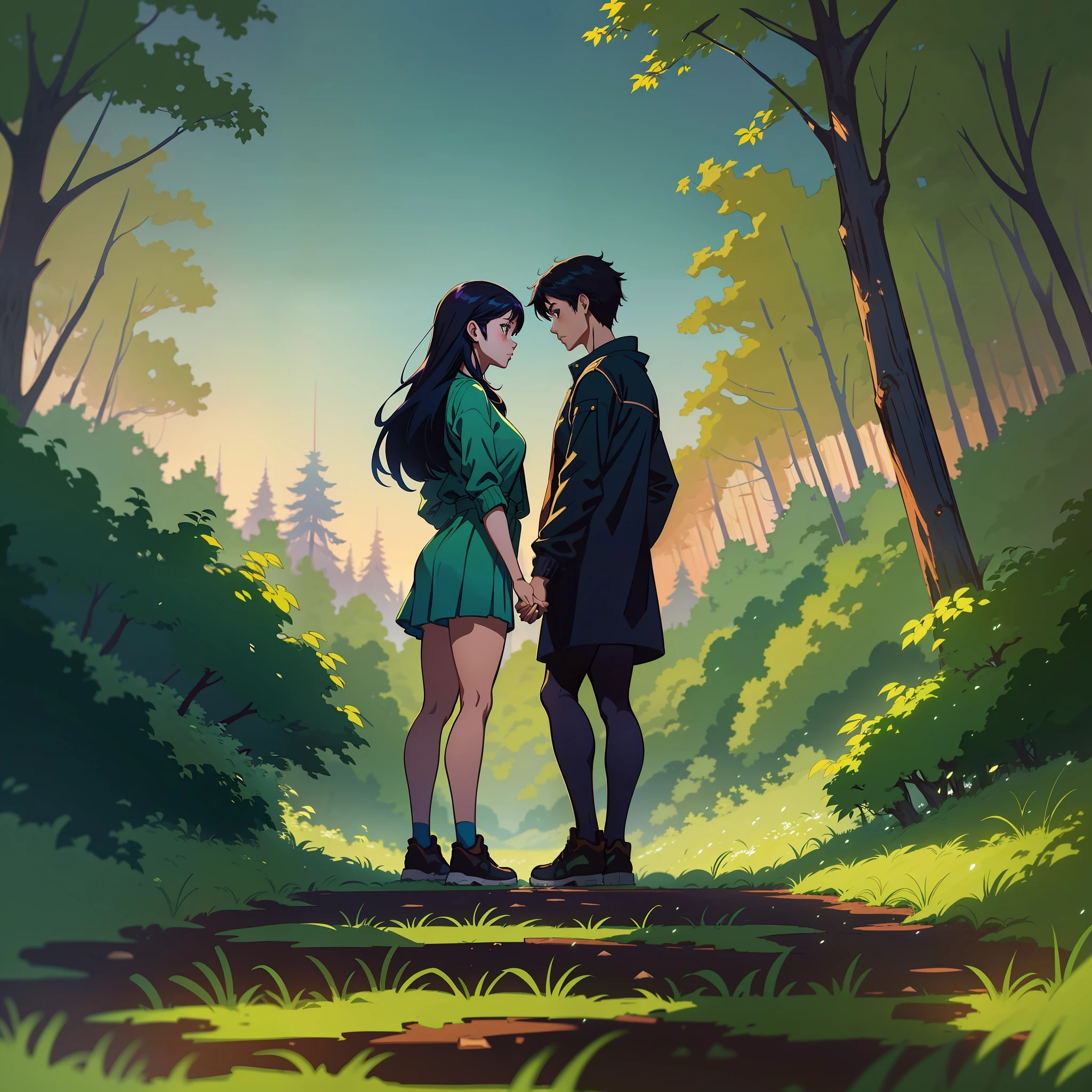 there are two people standing in the woods holding hands, artwork in the style of guweiz, anime lush john 8k woods, makoto shinkai and tom bagshaw, makoto shinkai cyril rolando, guweiz and makoto shinkai, sakimichan and makoto shinkai, ross tran and makoto shinkai