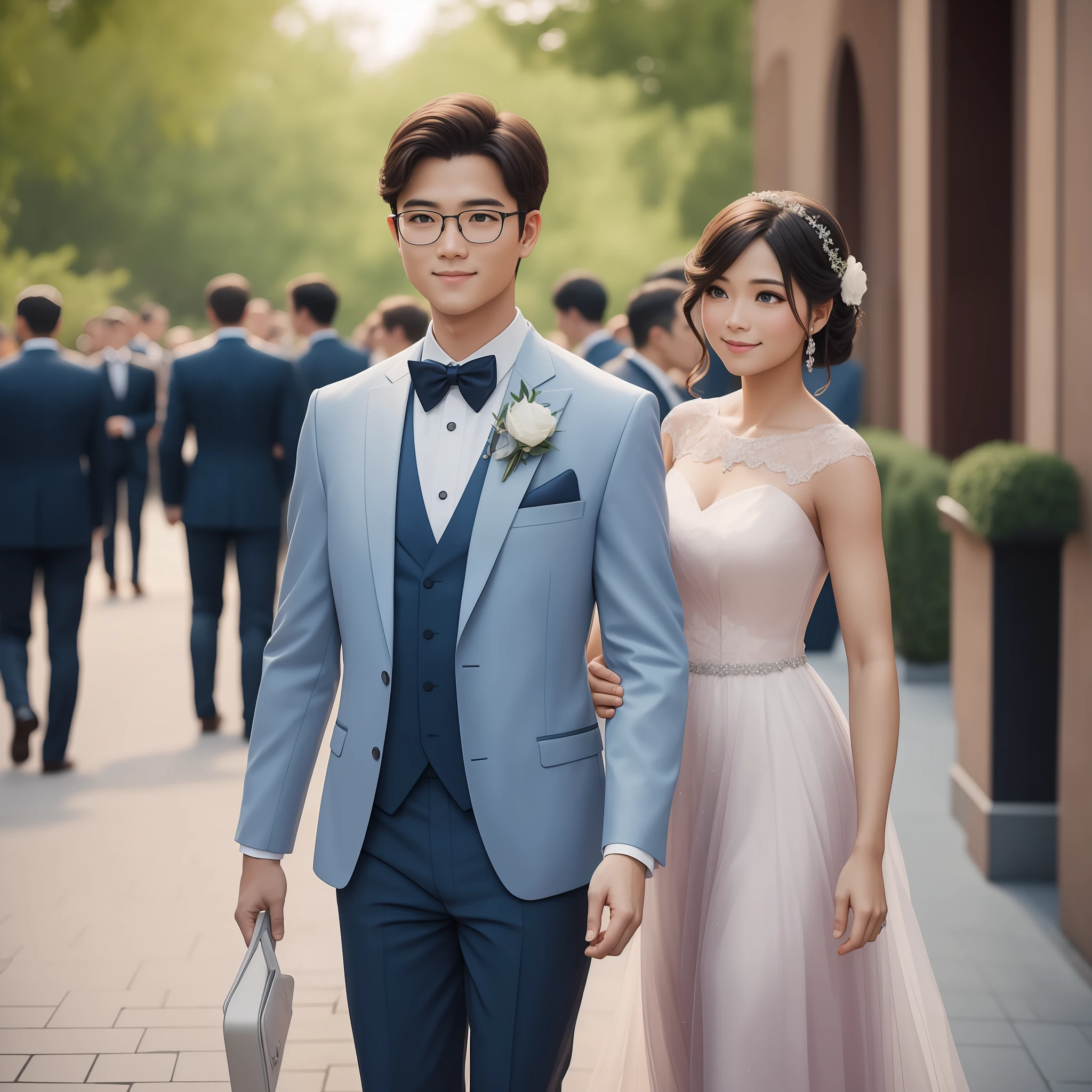 a young greeting guests arriving at their party, semi-formal attire, ultrarealistic fujifilm 8k, muted colors