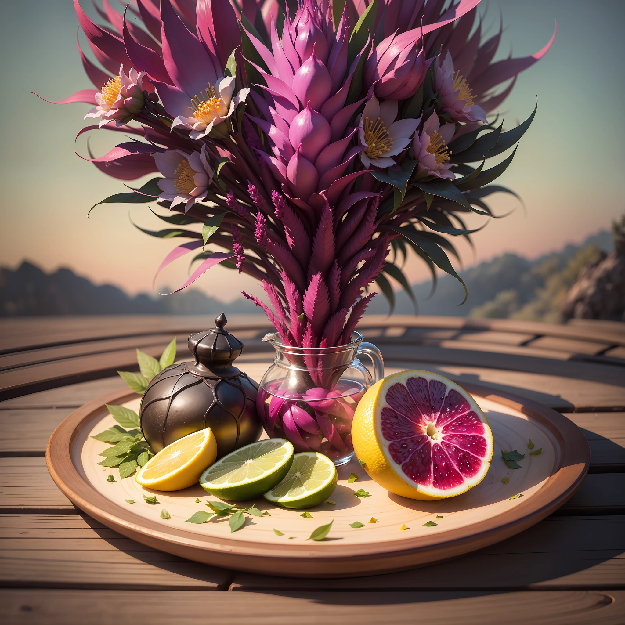 Combine the vitamins and other nutrients of dragon fruit, lemon, black tea, and green tea into a picture, which can be fireworks or the fruit of a tree --auto --s2