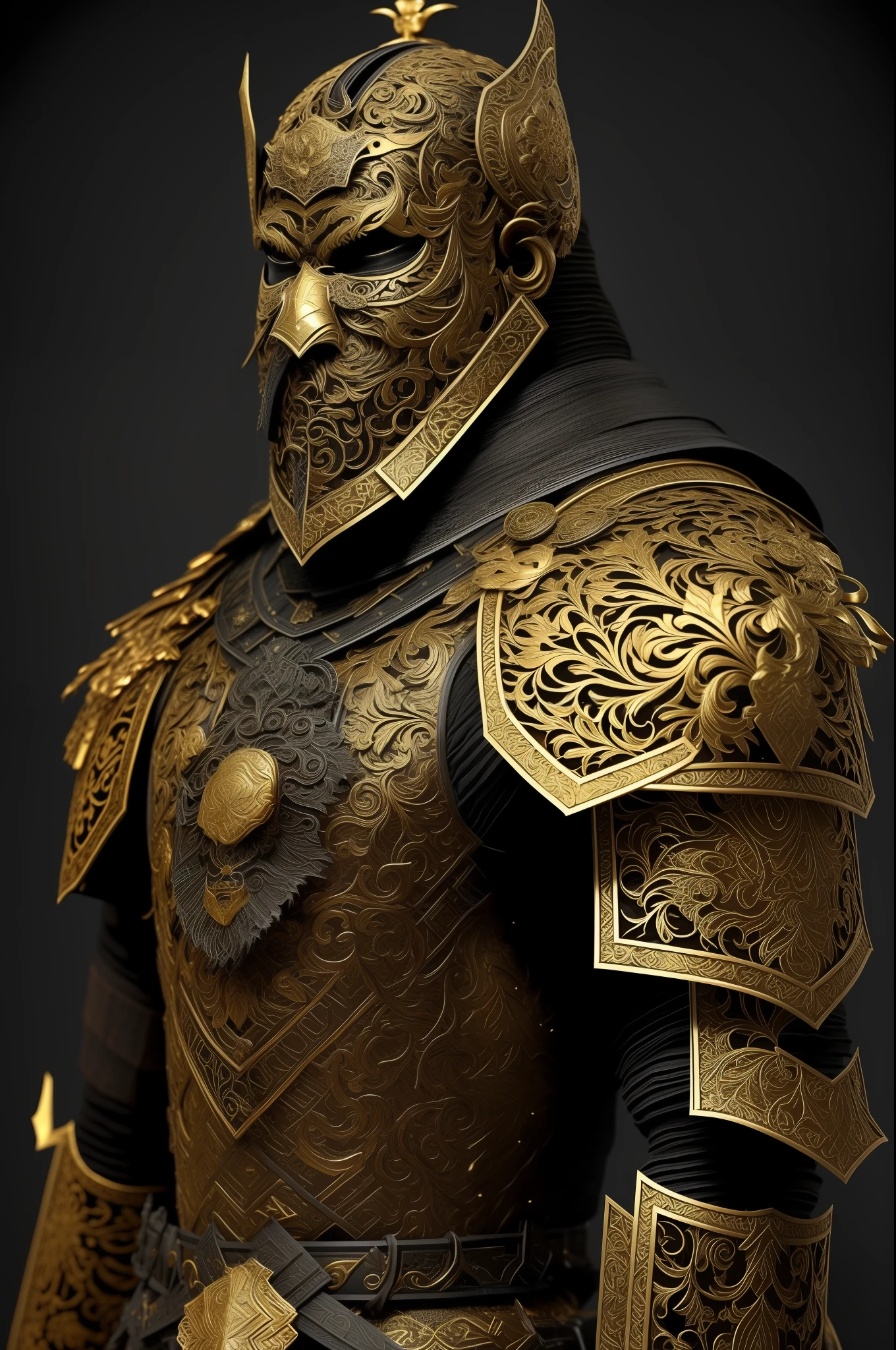 16k, (full body: 1.3), (old man: 1.3), human, (warrior: 1.3), intricate black and gold (heavy armor: 1.3), (mask and helmet)samurai, very detailed skin, very detailed eyes, intense gaze, (dark and grumpy universe: 1.3), light particle,