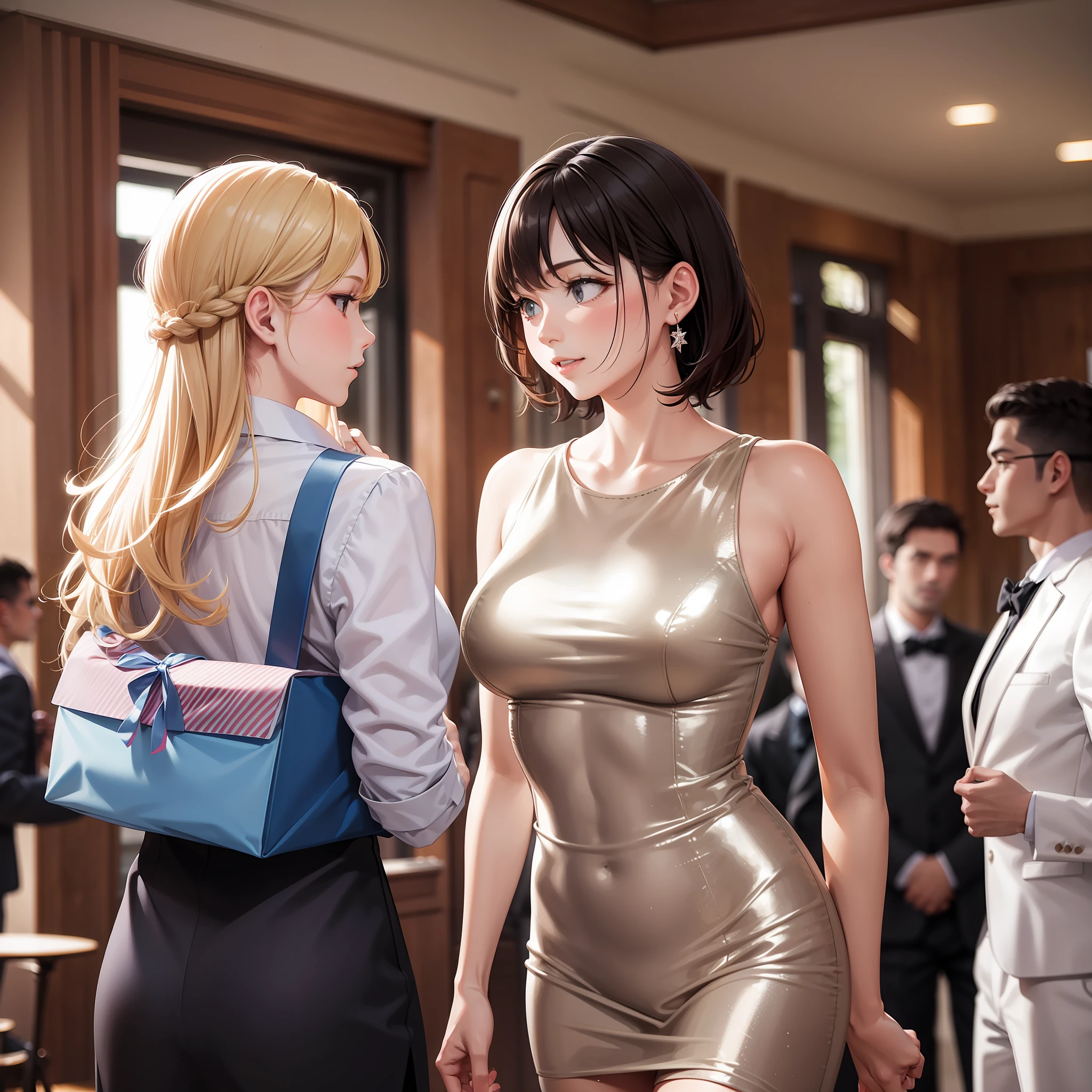 a young greeting guests arriving at their party, semi-formal attire, ultrarealistic fujifilm 8k, muted colors