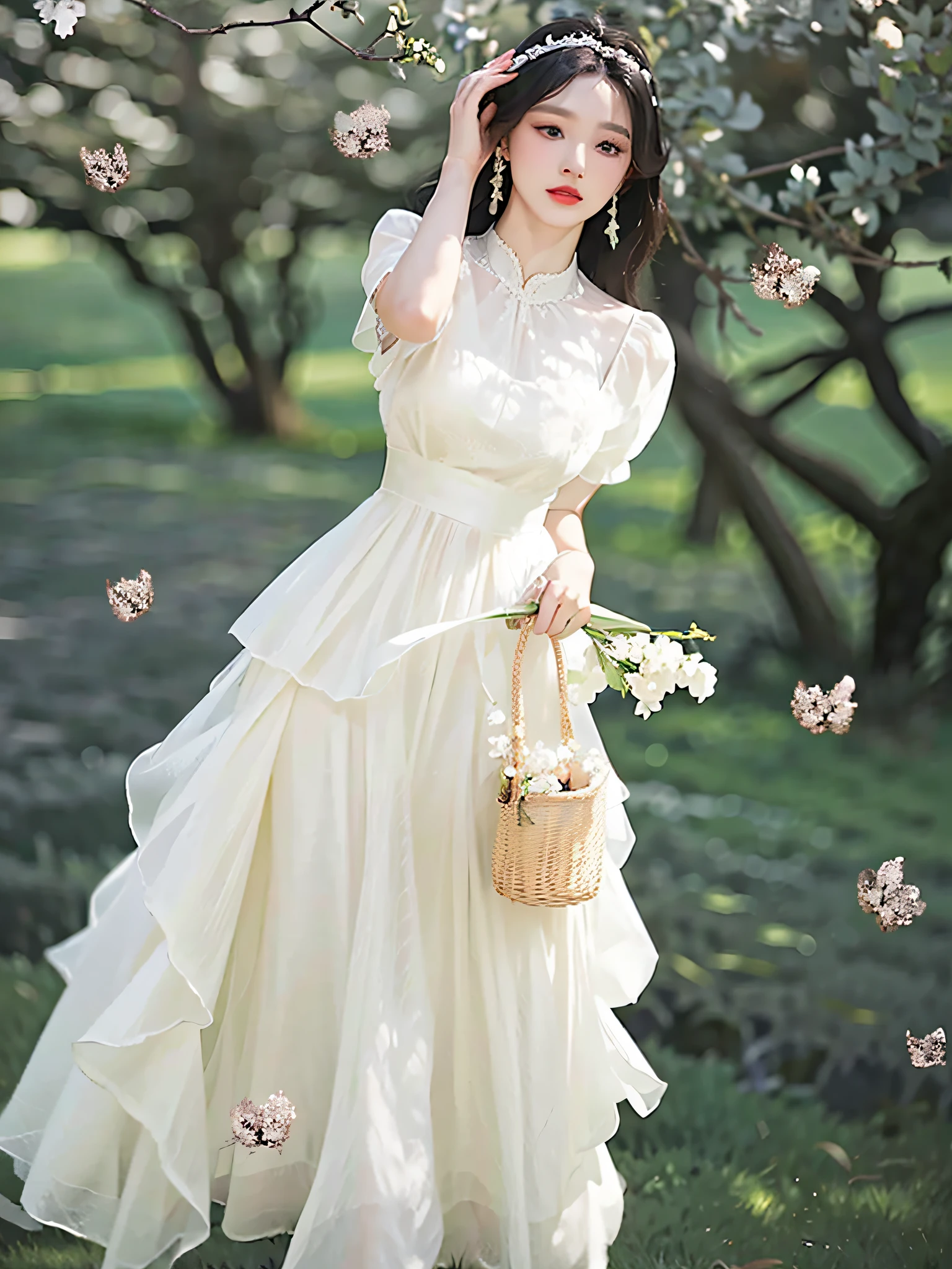 a woman in a white dress holding a basket of flowers, wearing a white flowing dress, romantic dress, wearing stunning ivory dress, flowing white dress, in a long white dress, beautiful long white dress, elegant white dress, wearing a flowing dress, flowing dress, ethereal fairytale, ethereal and dreamy, dreamy and ethereal, white dress, pretty white dress, long white dress