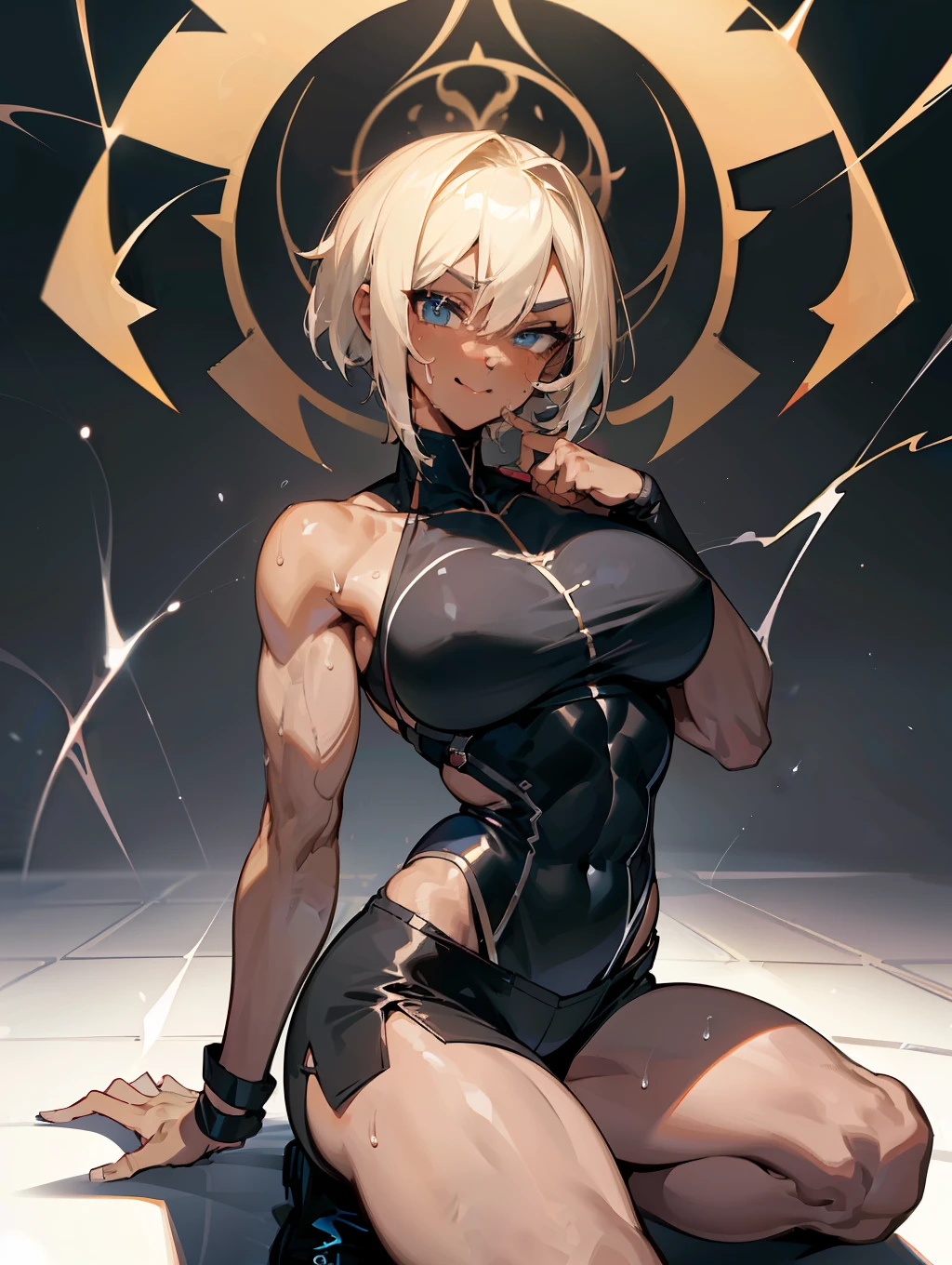 animated, (((extremely beautiful detailed anime face and eyes))), flying_sweatdrops, (sweat), (((muscular))), ((Lightning)), (mature,30 years old), short hair, bangs, eyes visible through hair, undercut, blonde hair, (((smile))), ((v-shaped_eyebrows)), (large_breasts), (thighs), black eyes, (((dark-skinned_female))), (short_shorts), black_footwear, black Clothes, (((wallpaper 8k CG))), ((((absurdres)))),(((straddling))) --auto --s2