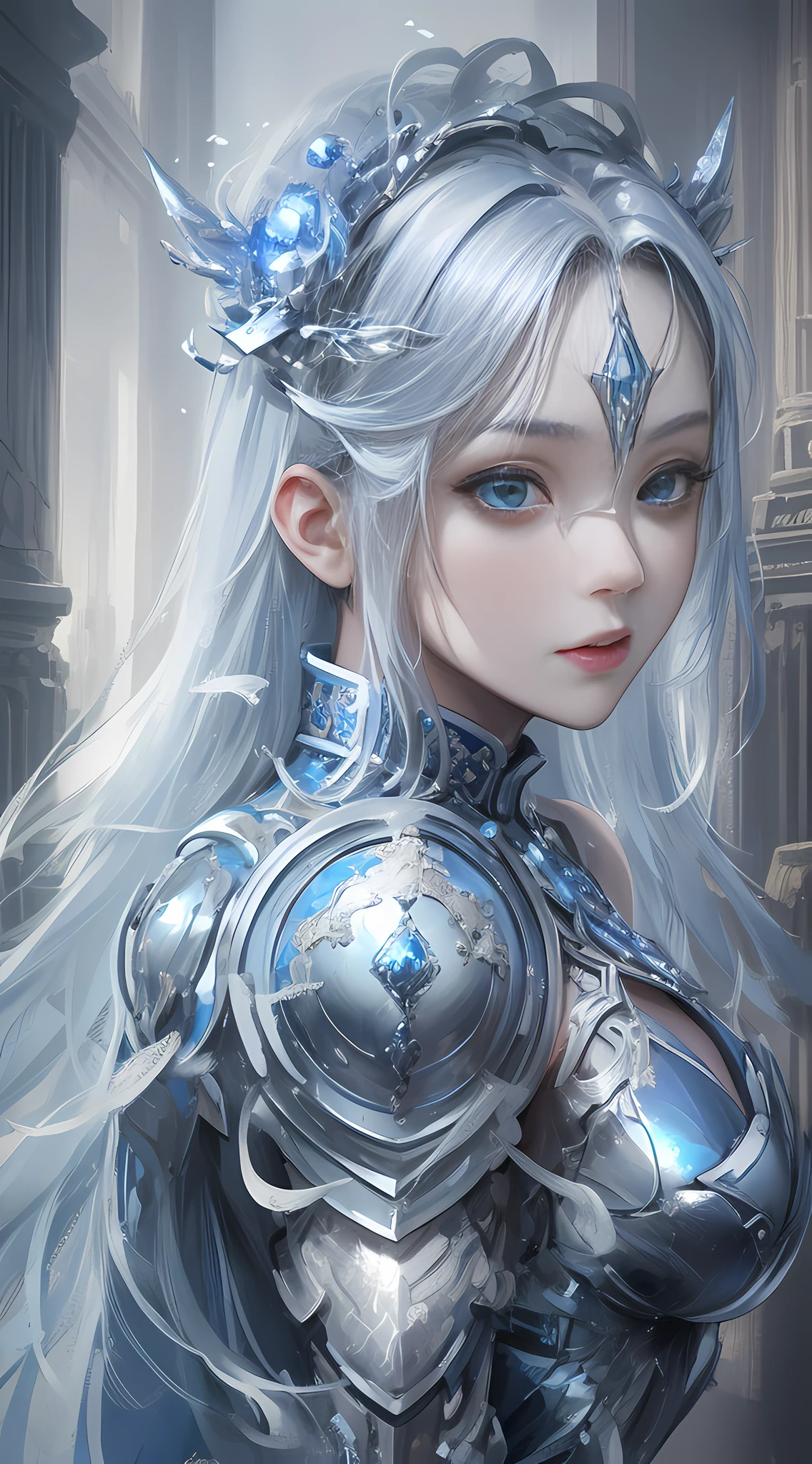 a close up of a woman in a silver and blue dress, chengwei pan on artstation, by Yang J, detailed fantasy art, stunning character art, fanart best artstation, epic exquisite character art, beautiful armor, extremely detailed artgerm, detailed digital anime art, artgerm on artstation pixiv, armor girl