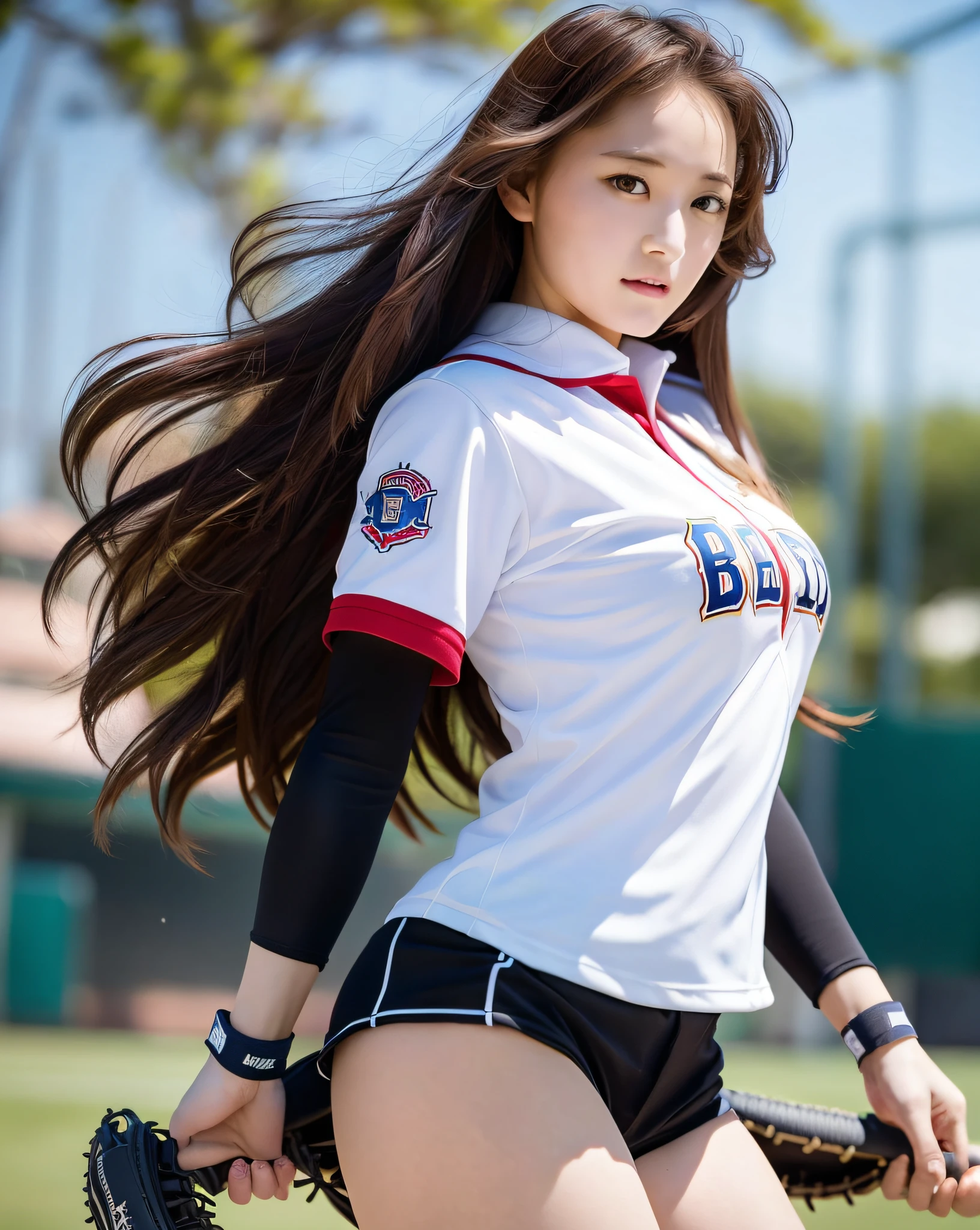 Medium shot, baseball_uniform beautiful woman (very long hair, strong wind: 1.2), big, weapons, bat, slender body, delicate hands, playground, strong sunshine, (sharp focus, eye focus, top quality, realistic details, clear image, high resolution)
