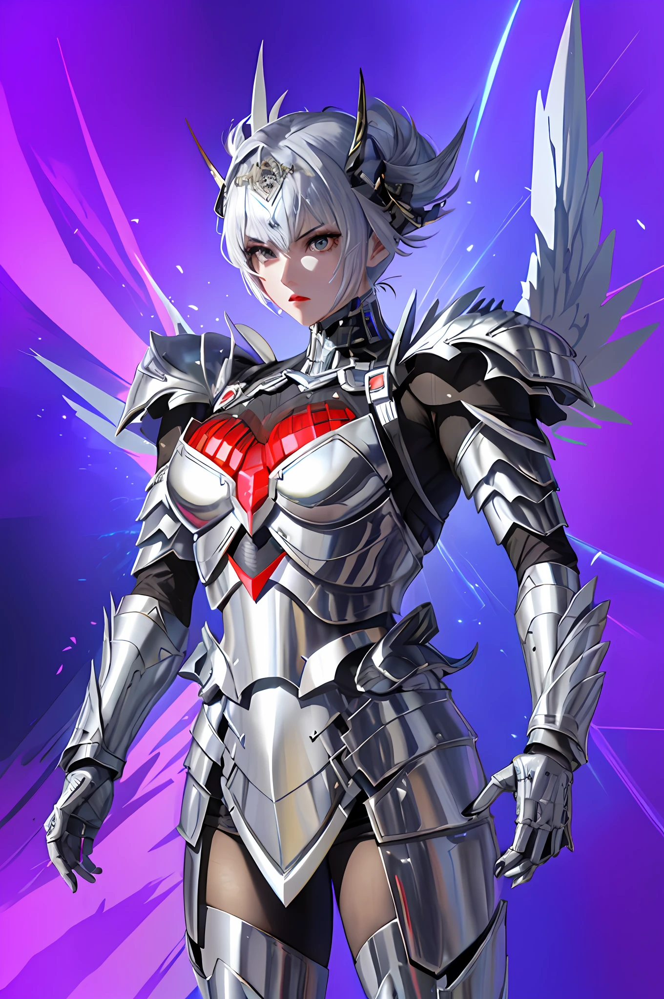 (Female Character: 1.2), (Silver Armor + Silver Streamlined Armor + Tokutsu Set Vaporwave: 1.3 + Cyber Japanese Armor: 1.2), (Smooth + Sharp: 0.9) Samurai, shining silver metal, wearing Gaifer-style metal wings, stepping on Tokuzu.