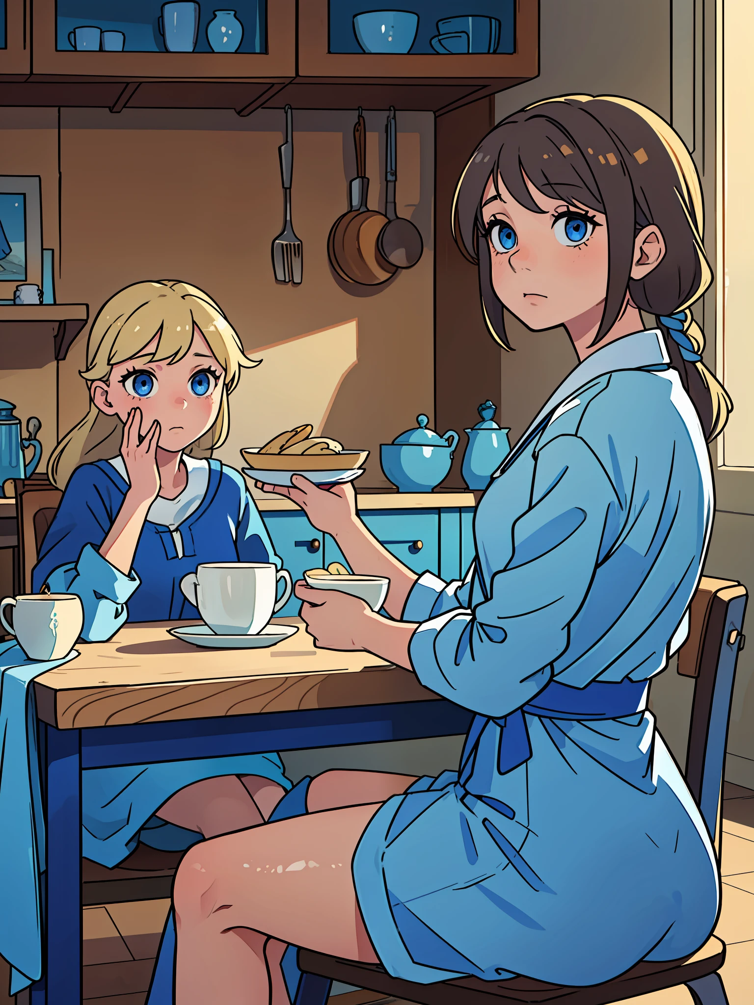 A 9-year-old blue-eyed blonde girl, shoulder-length hair, wearing a blue outfit with white details, sitting at the table with her brown-haired father, and her blonde-haired, blue-eyed mother, talking and eating, in the kitchen at breakfast (masterpiece) (perfect anatomy) (award-winning work) (morning time)