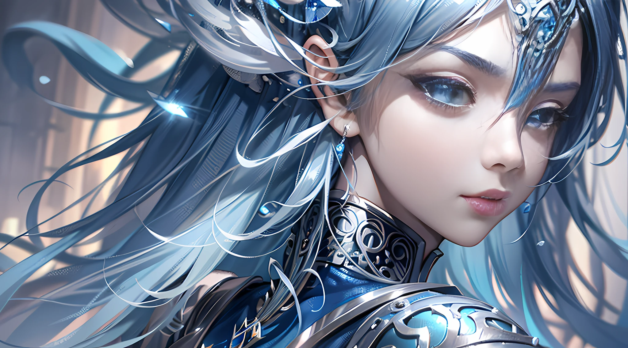 a close up of a woman in a silver and blue dress, chengwei pan on artstation, by Yang J, detailed fantasy art, stunning character art, fanart best artstation, epic exquisite character art, beautiful armor, extremely detailed artgerm, detailed digital anime art, artgerm on artstation pixiv, armor girl