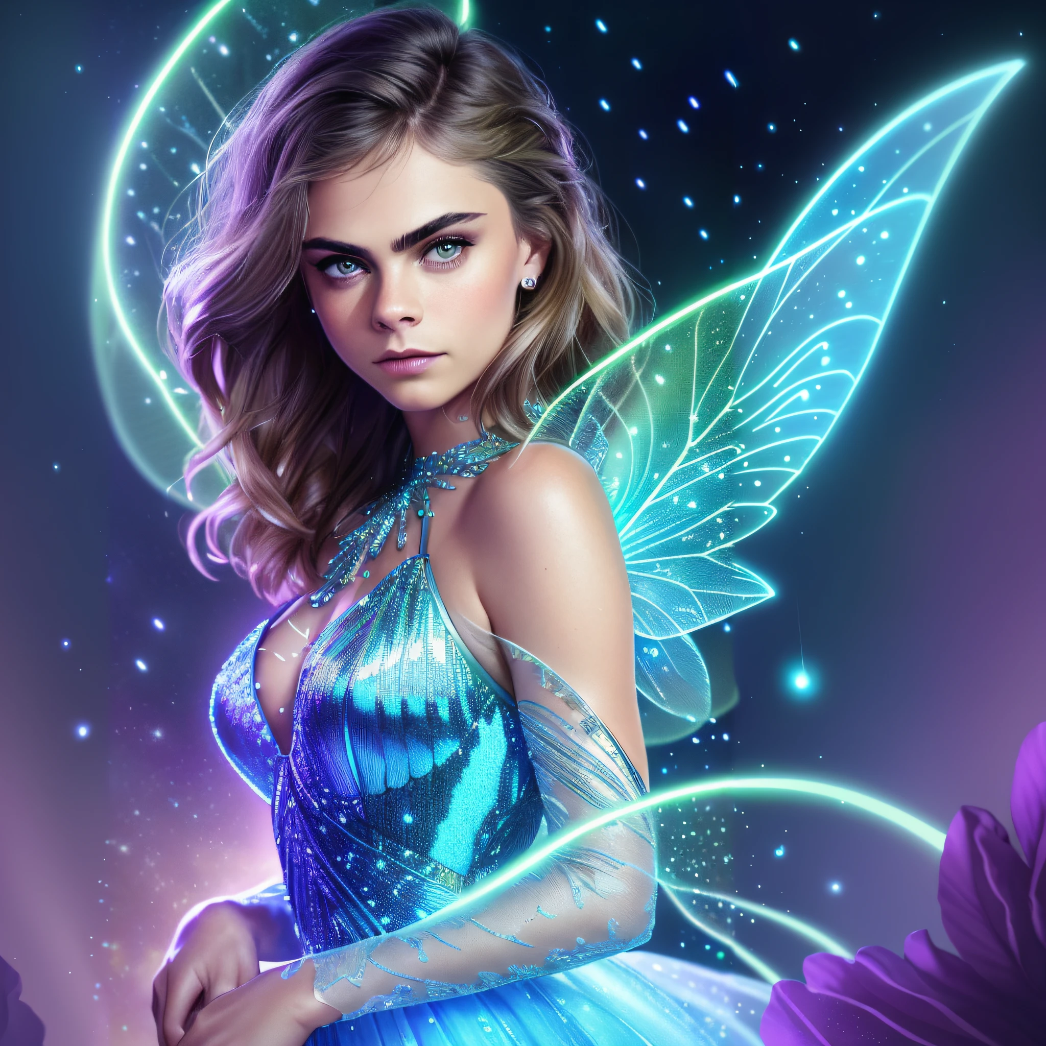 a woman in a blue dress with a fairy wings on her shoulder, fantasy art behance, stunning digital illustration, digital fantasy illustration, detailed fantasy digital art, beautiful digital artwork, exquisite digital illustration, fantasy digital art, trending digital fantasy art, digital fantasy art ), fantasy art style, margot robbie as a fairy, digital fantasy art, colorfull digital fantasy art