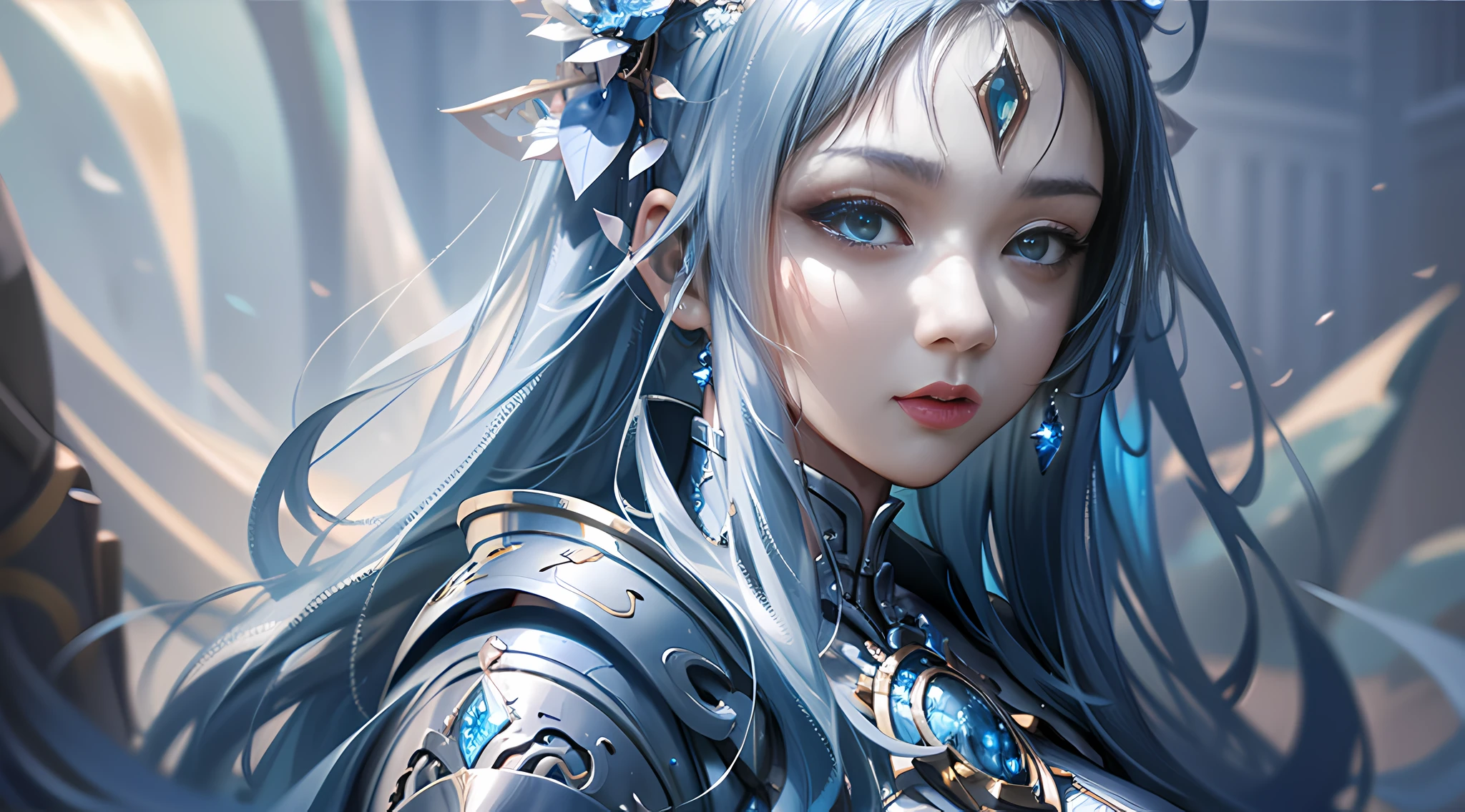 a close up of a woman in a silver and blue dress, chengwei pan on artstation, by Yang J, detailed fantasy art, stunning character art, fanart best artstation, epic exquisite character art, beautiful armor, extremely detailed artgerm, detailed digital anime art, artgerm on artstation pixiv, armor girl