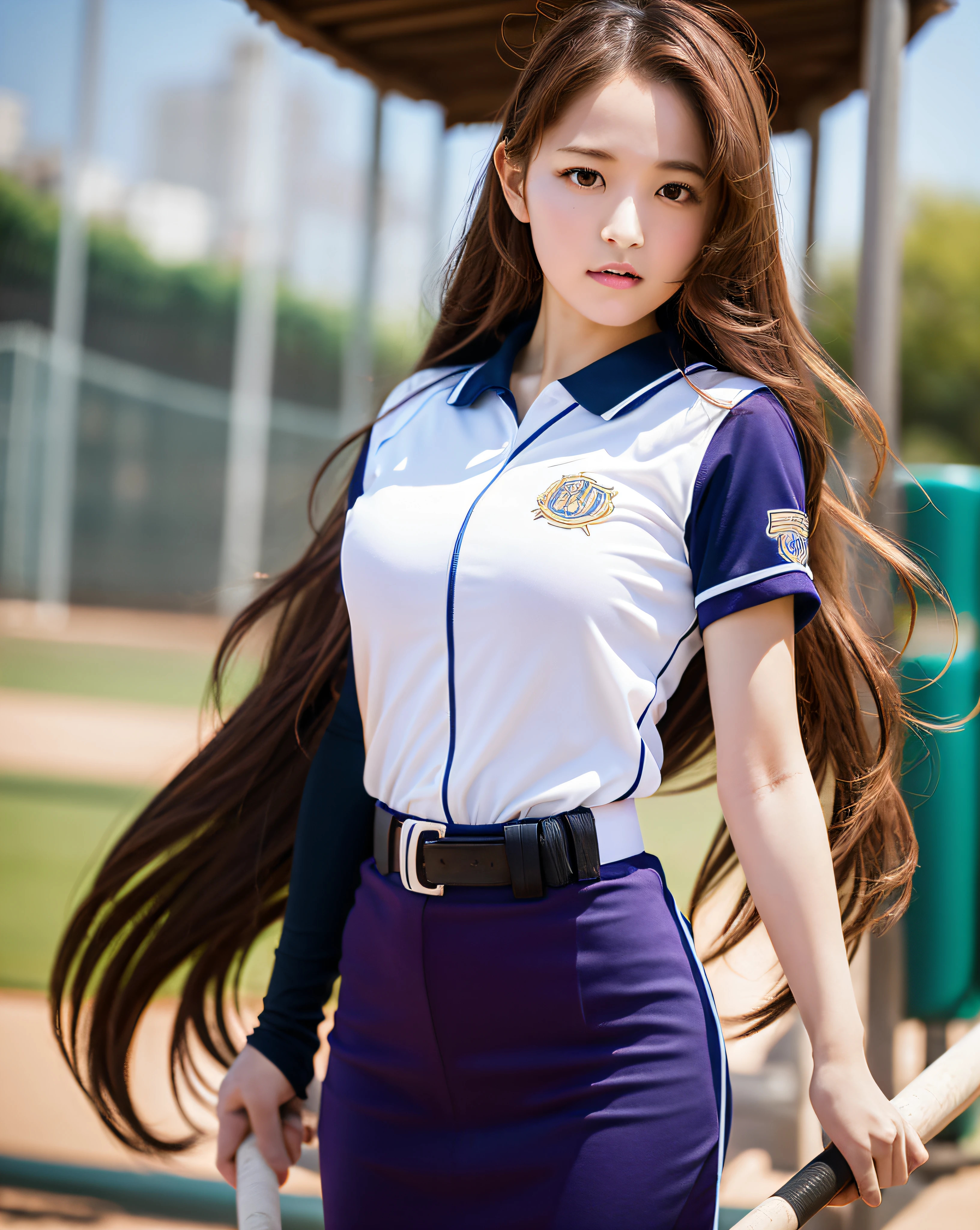 Medium shot, baseball_uniform beautiful woman (very long hair, strong wind: 1.2), big, weapons, bat, slender body, delicate hands, playground, strong sunshine, (sharp focus, eye focus, top quality, realistic details, clear image, high resolution)