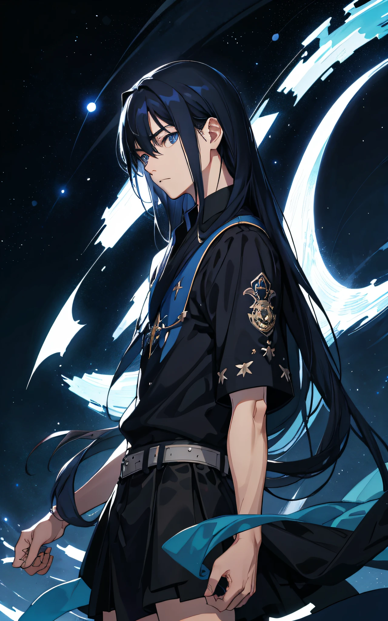 Masterpiece, best quality, teenager, male, long dark blue hair, straight hair, Qi bangs, expressionless, delicate face, prominent face, black skirt, dark night, starry sky, stars, black, blue, black background