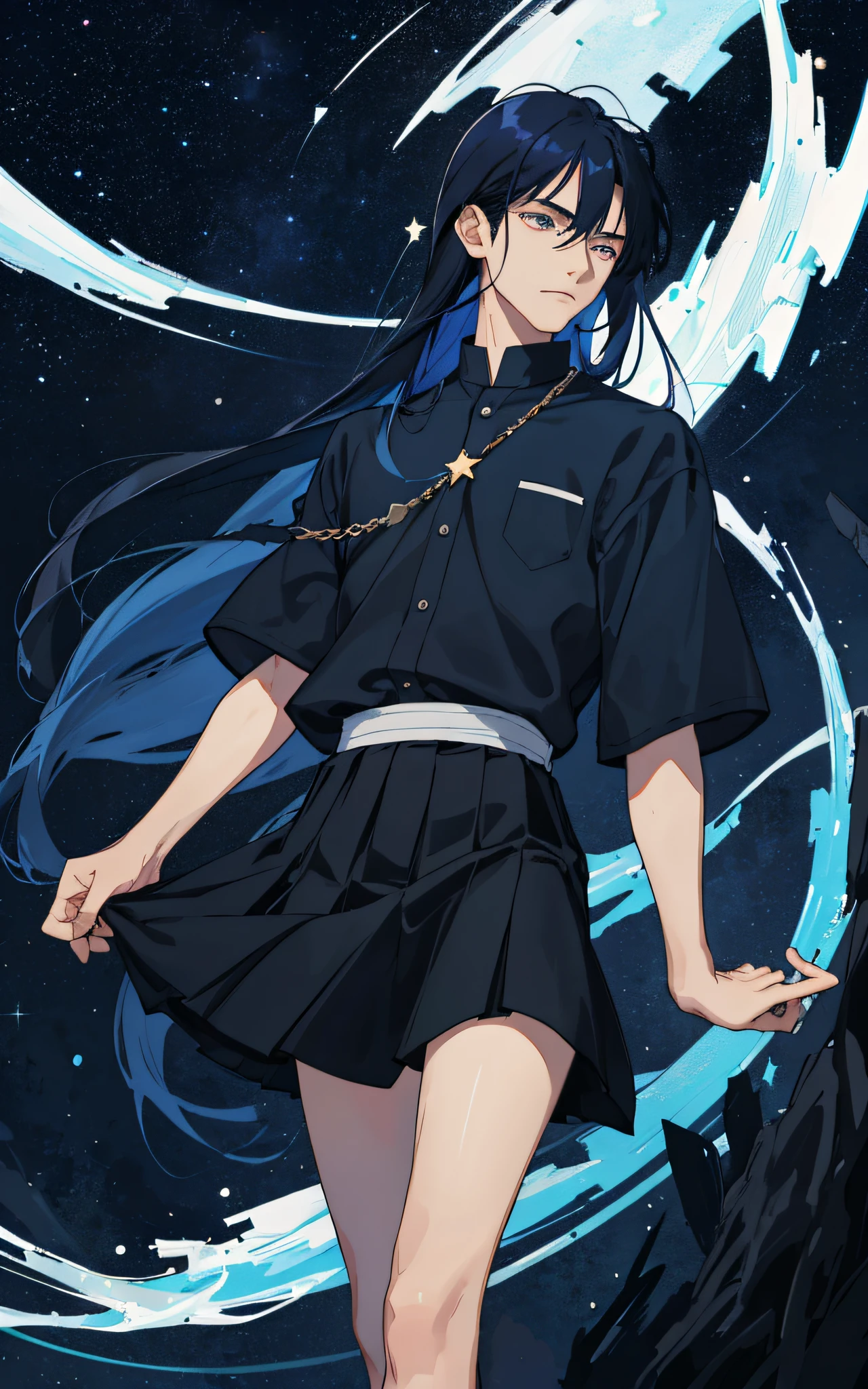 Masterpiece, best quality, teenager, male, long dark blue hair, straight hair, Qi bangs, expressionless, delicate face, prominent face, black skirt, dark night, starry sky, stars, black, blue, black background