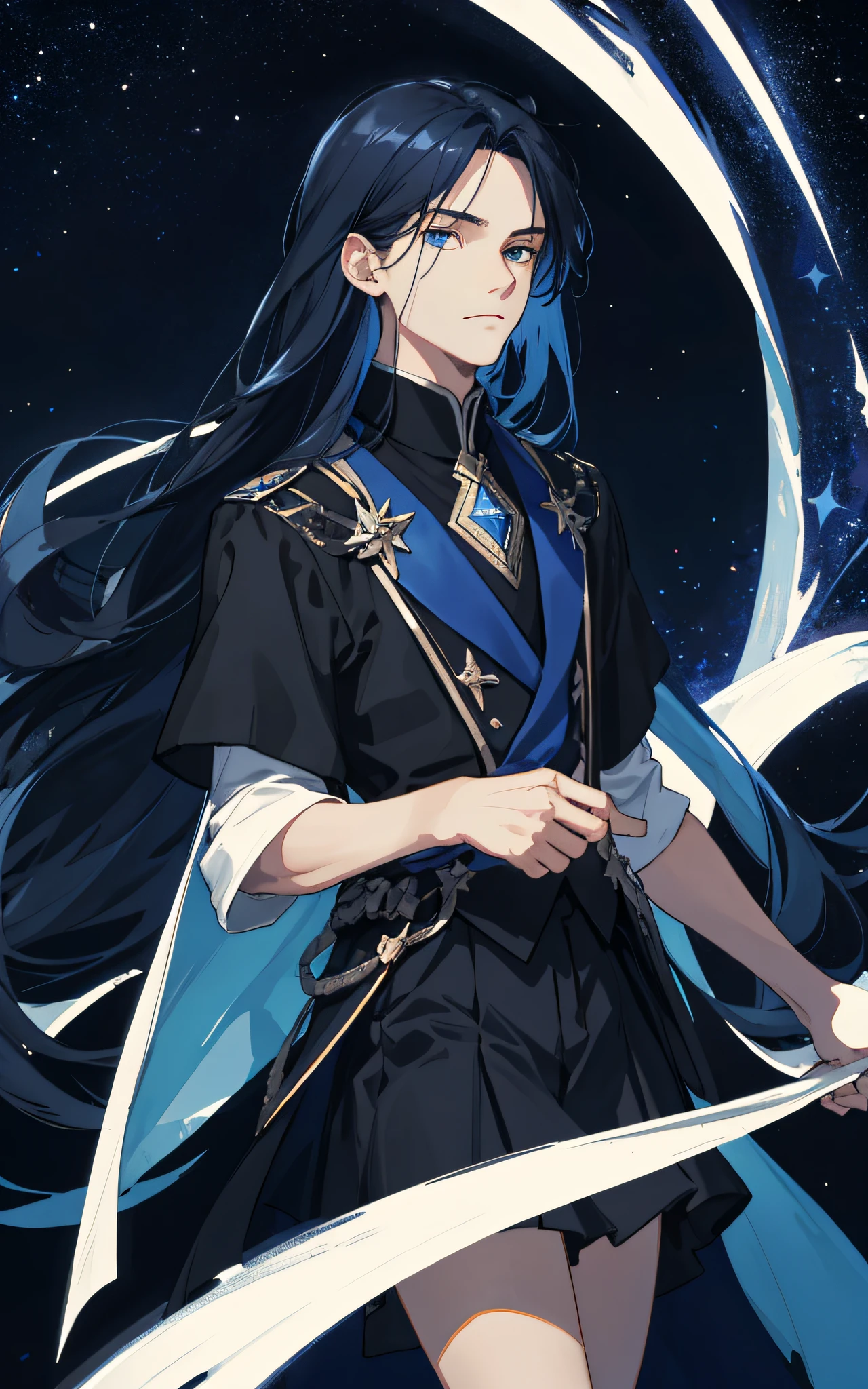 Masterpiece, best quality, teenager, male, long dark blue hair, straight hair, Qi bangs, expressionless, delicate face, prominent face, black skirt, dark night, starry sky, stars, black, blue, black background