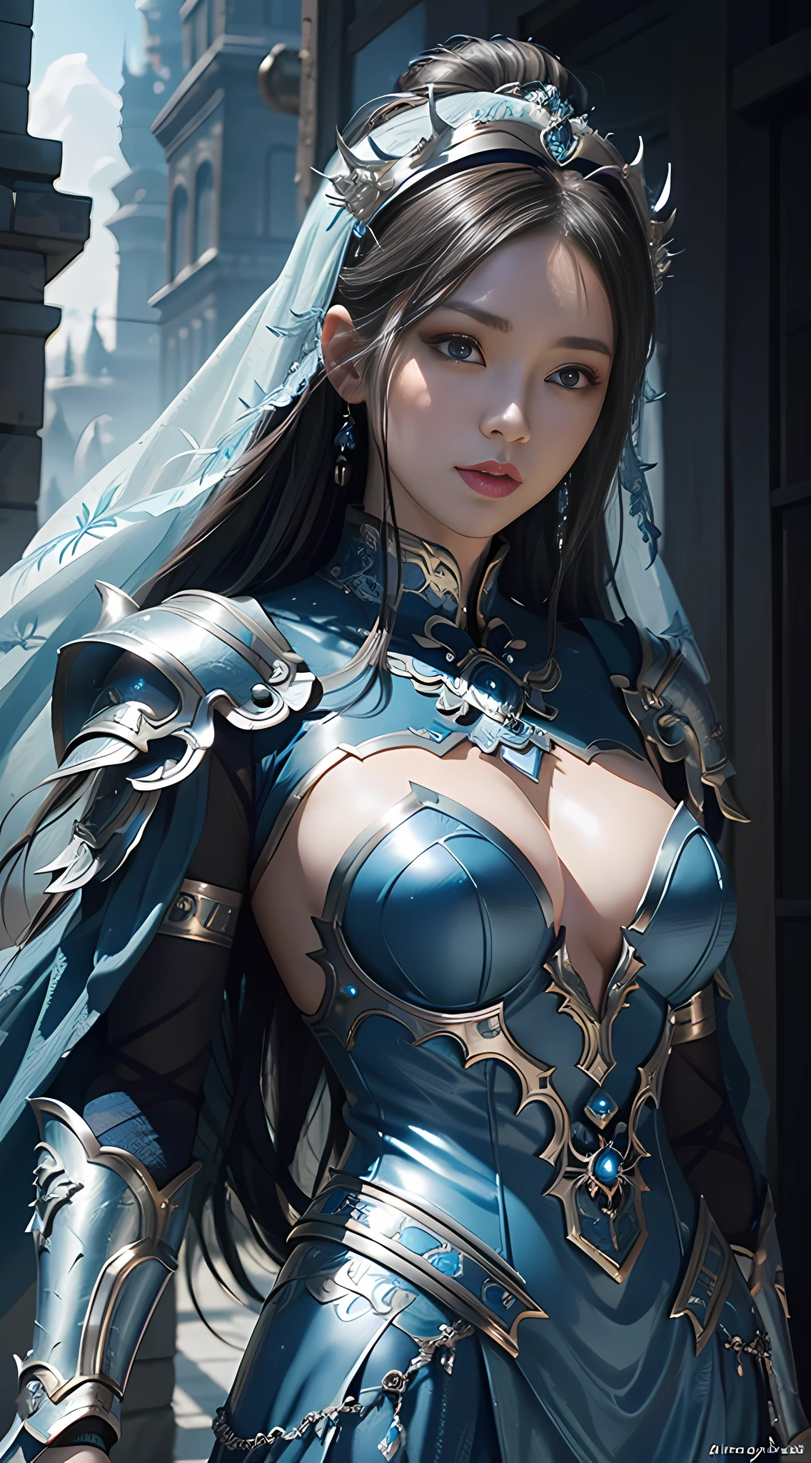 a close up of a woman in a silver and blue dress, chengwei pan on artstation, by Yang J, detailed fantasy art, stunning character art, fanart best artstation, epic exquisite character art, beautiful armor, extremely detailed artgerm, detailed digital anime art, artgerm on artstation pixiv, armor girl