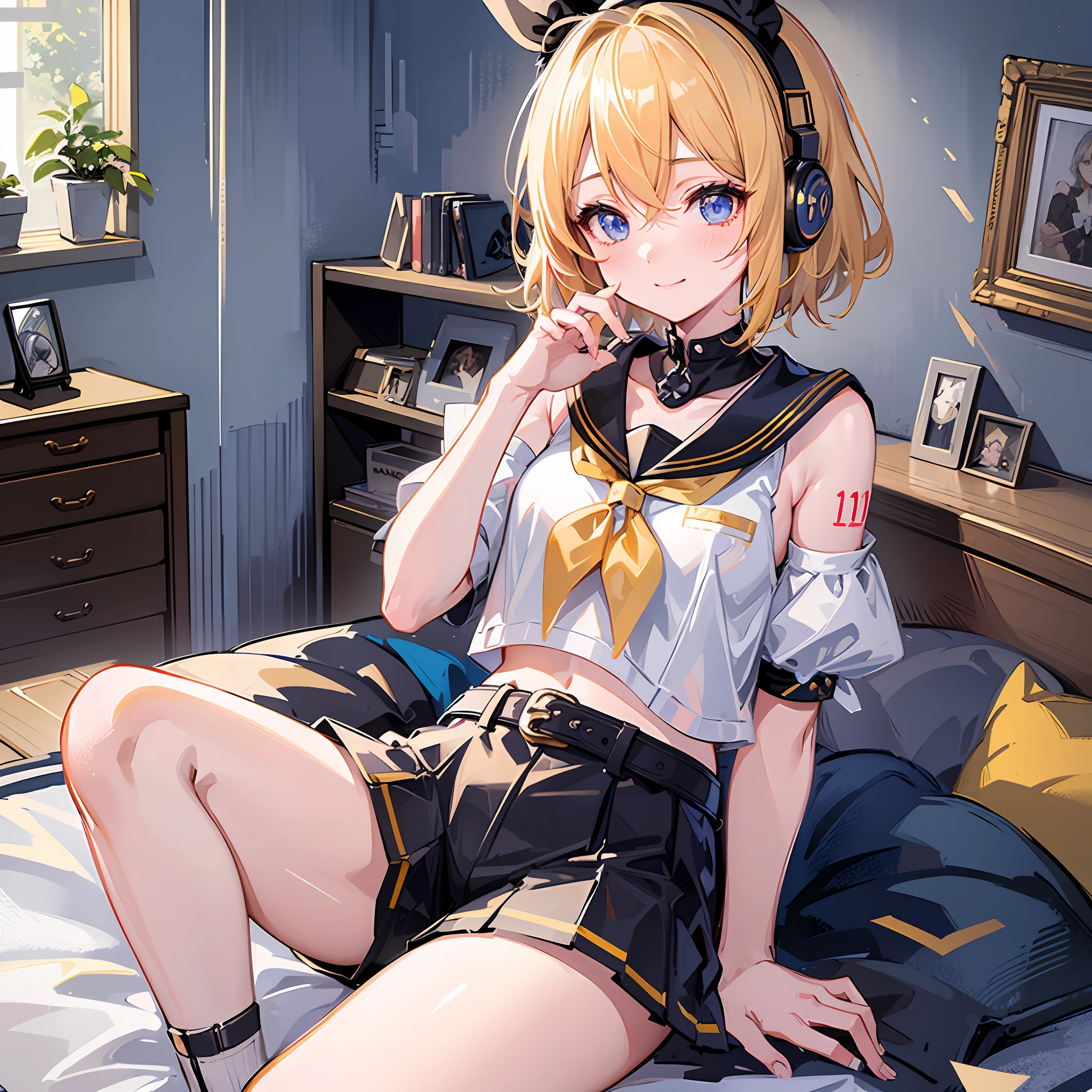 Masterpiece, Top Quality, Illustration, Super Detail, High Resolution, Absurdity, One Girl, (Kagamine_Rin: 1.5), Vocaloid, Very Cute, [Blonde], [Short Hair], Hair Clip, (Beautiful Blue Eyes), Lively Eyes, (Bright Eyes: 1.2), Beautiful Girl, Smiling, [Sailor Suit in White Tone], (Black Shorts: 1.5), Belt, shoulders are cut off, (yellow neckerchief), [White hair clip], [Headphones], Love in background, Love love, light, delicate hands, innocence, (Young: 1.3), little girl, loli, girlfriend, bedroom, night, delicate eyes, bare legs, [Blue archive style], [Beautiful girl anime style], estrus, naughty mood, spoiled, NSFW, female brat