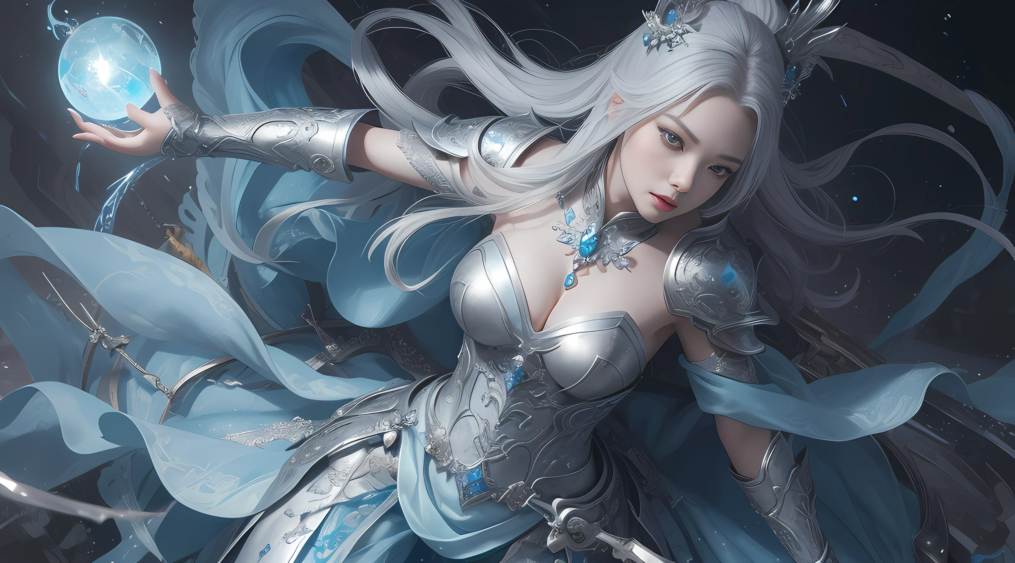 a close up of a woman in a silver and blue dress, chengwei pan on artstation, by Yang J, detailed fantasy art, stunning character art, fanart best artstation, epic exquisite character art, beautiful armor, extremely detailed artgerm, detailed digital anime art, artgerm on artstation pixiv, armor girl