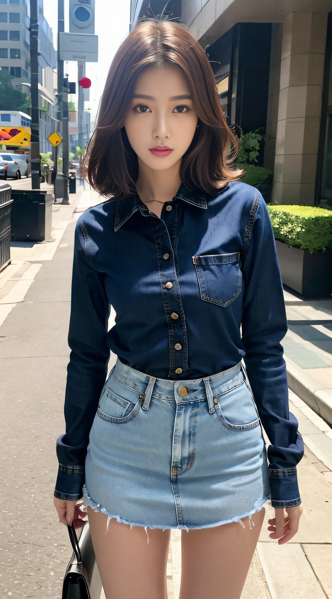 ((Realistic lighting, Best Quality, 8K, Masterpiece: 1.3)), Clear focus: 1.2, 1girl, Perfect Body Beauty: 1.4, Slim Abs: 1.1, ((Dark brown hair)), (White dress: 1.4), (Outdoor, Night: 1.1), City streets, Super fine face, Fine eyes, Double eyelids, denim skirt.